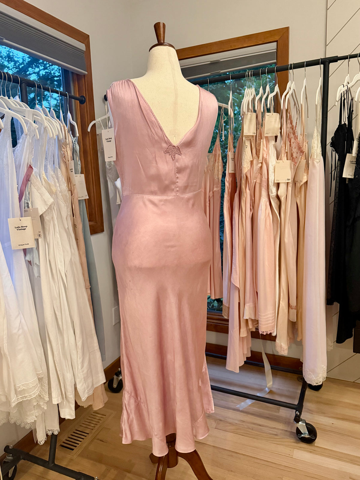 1930s Hand Dyed Dusty Lilac Satin & Floral Lace Bias-Cut Nightgown.40CE