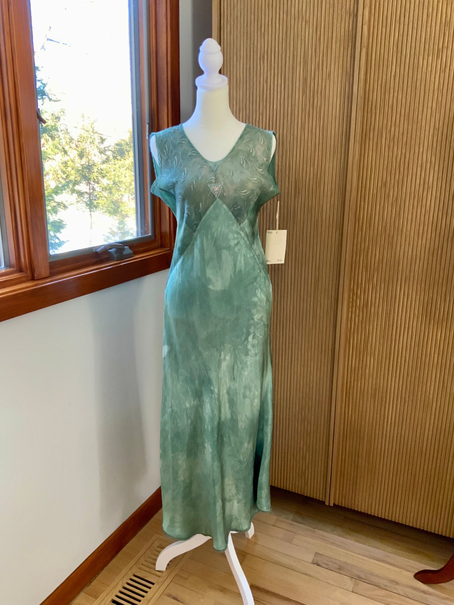 Hand Dyed Antique Satin & Chiffon Nightgown | Restored Vintage Lingerie Dress | 1930s Bias Cut Green Silk Satin Slip
- 40AD