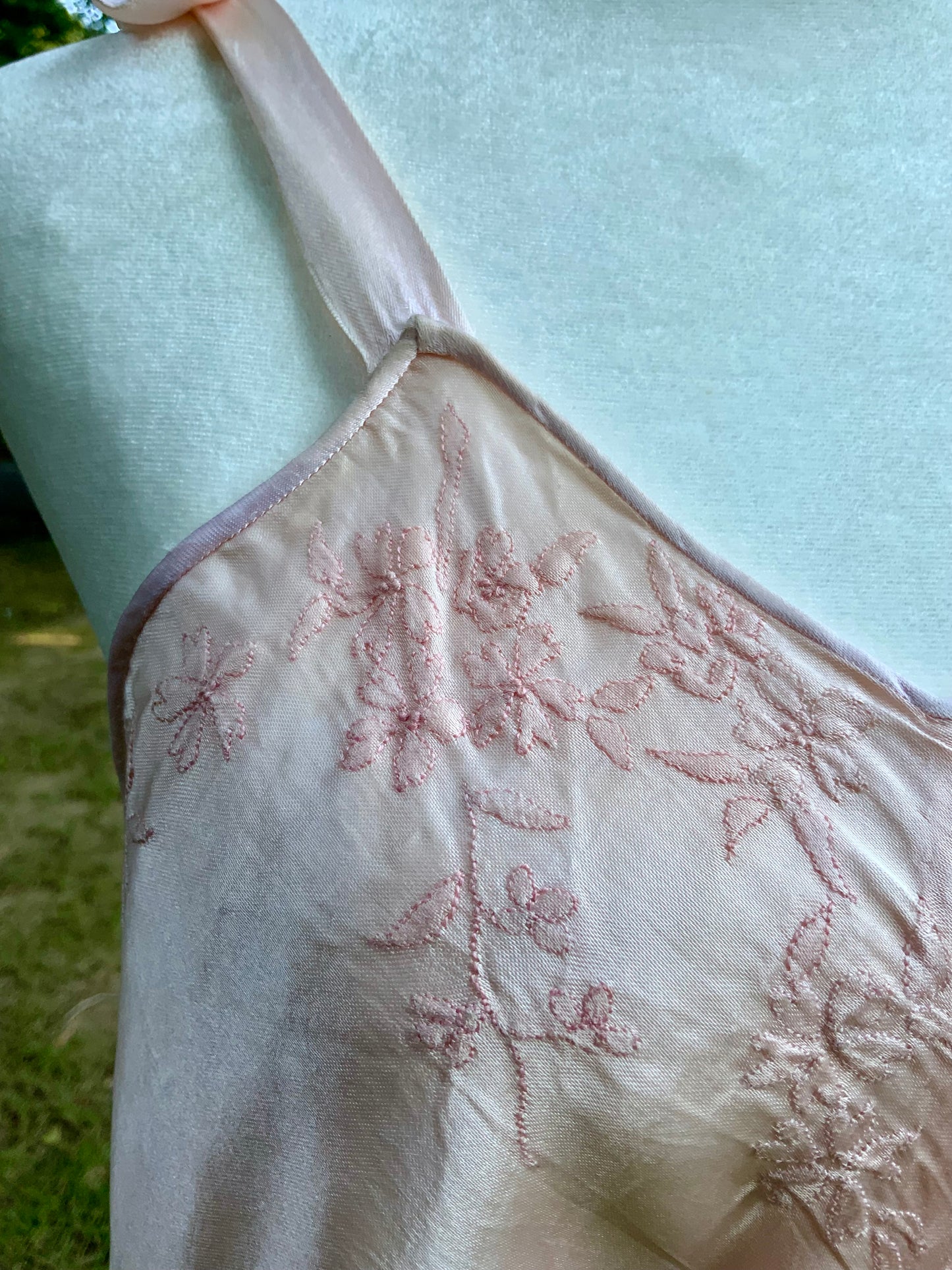 1940s Vintage Peach Satin Slip Dress Embroidered Floral Bodice Restored Bridal Boudoir Nightgown.40CG