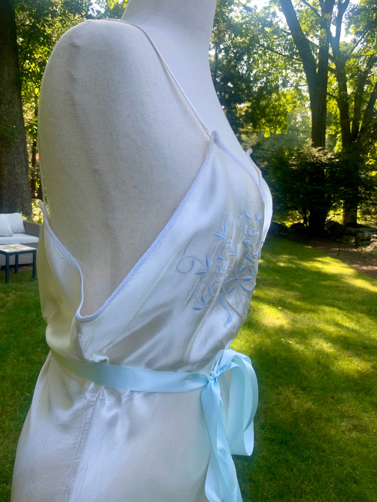 1930s Ivory Silk Satin Embroidered Slip Dress | Blue Floral Boudoir Nightgown | Bias Cut Bridal Lingerie | Old Hollywood Glamour-40AV