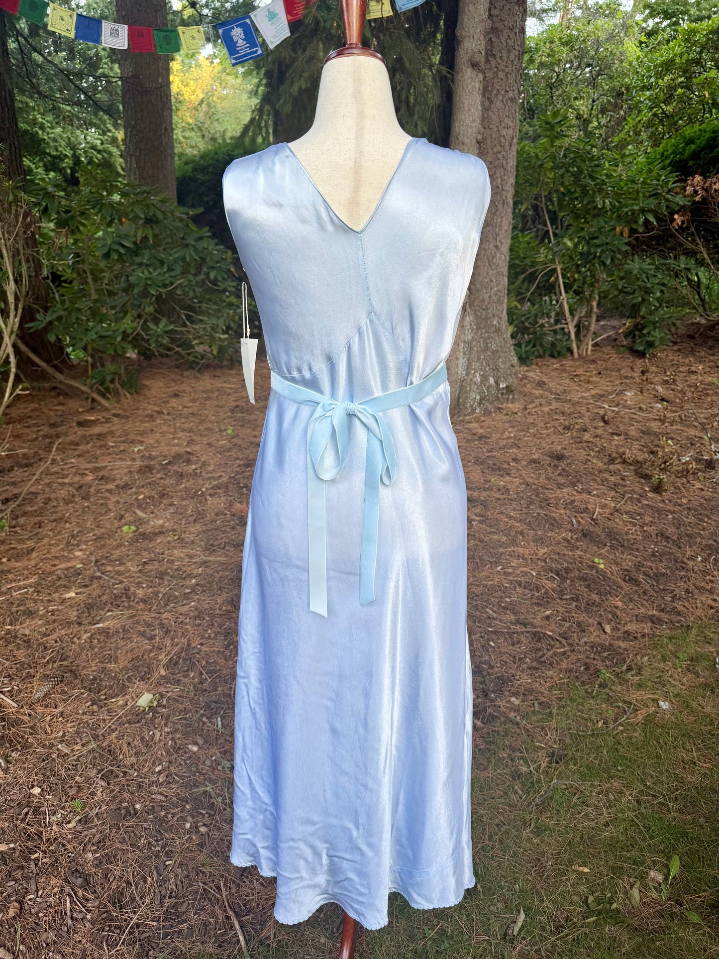 1930s Powder Blue Silk Satin Slip Dress | Embroidered Illusion Mesh Bodice |Large
-30BV