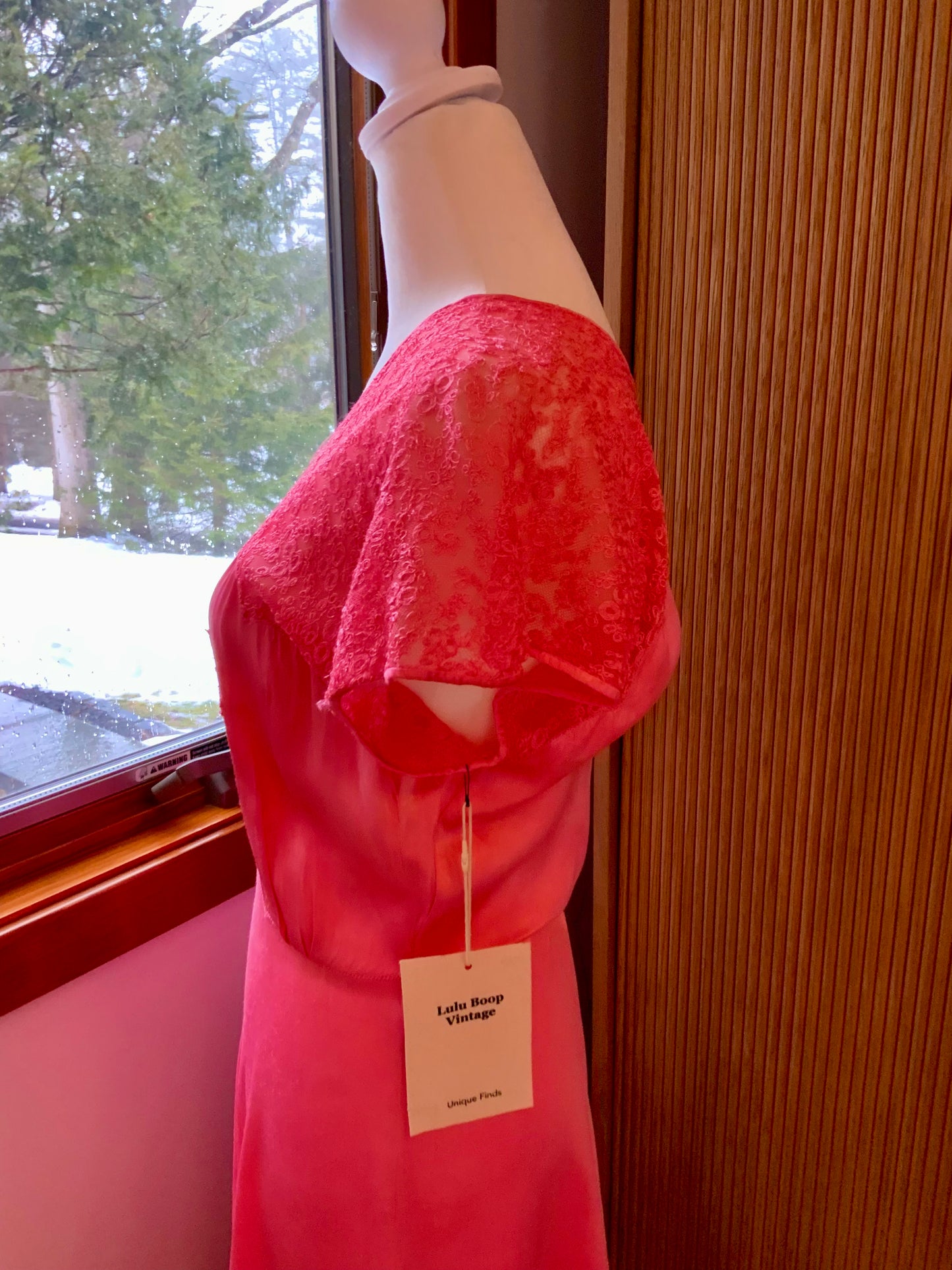 1970s Hand Dyed Coral Satin Gown | 1940s Inspired Lace Cap Sleeve Maxi Dress | Vintage Pink Bias Evening Dress
 - 50AG