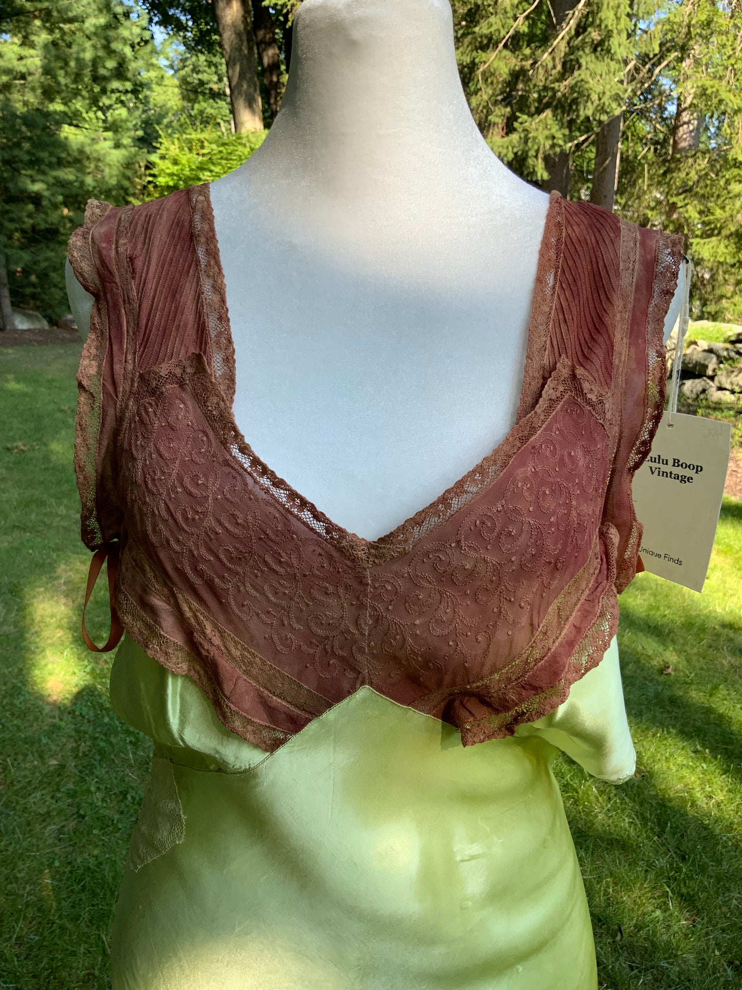 Hand Dyed Antique Silk Slip Dress Chartreuse Green Artist Reimagined 1930s 1940s Silk Nightgown One of a Kind Wearable Art-40C