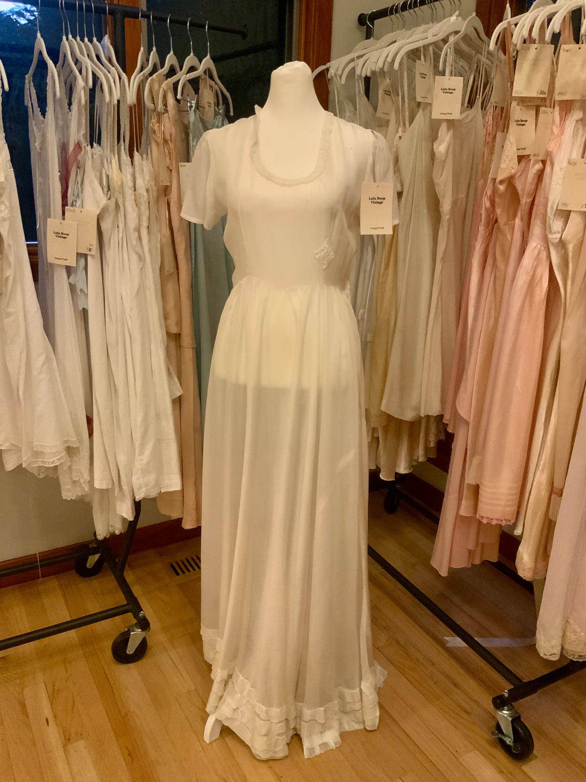 Antique Ivory Chiffon Gown with Ruffled Hem and Lace Appliqué.20ARR