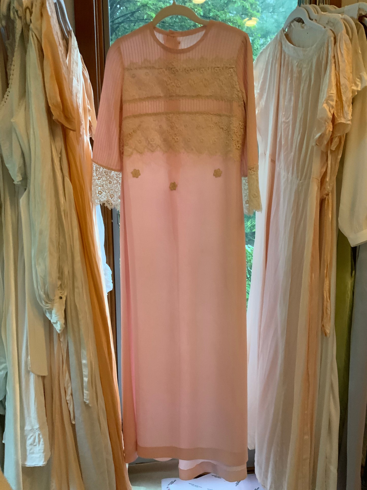 1970s Pink Lace Hostess Gown with Sheer Sleeves - 70BC