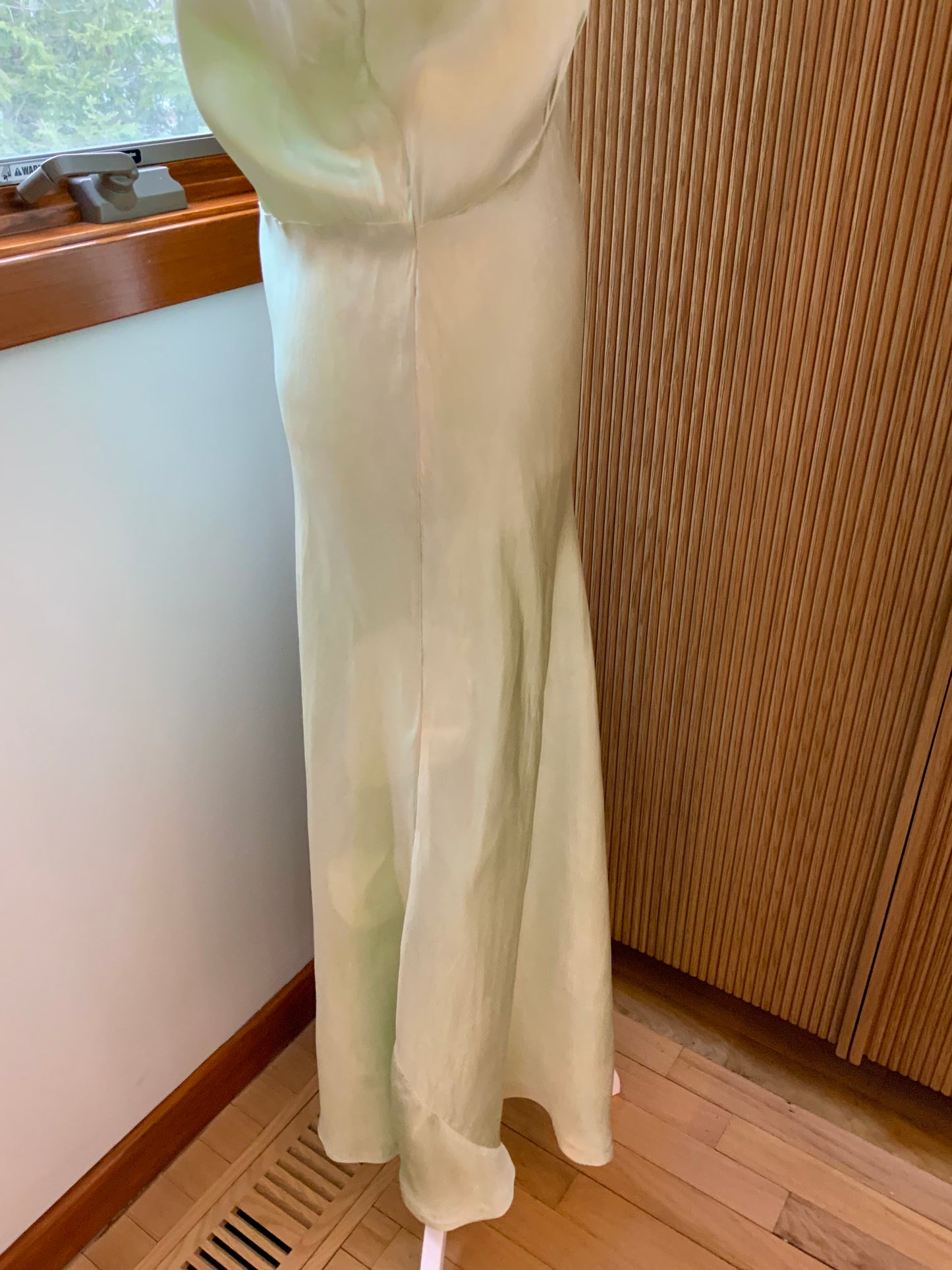 1930s Silk Satin Bias Cut Gown – Hand Dyed Celadon Mint – Vintage Lace Evening Slip Dress
40U