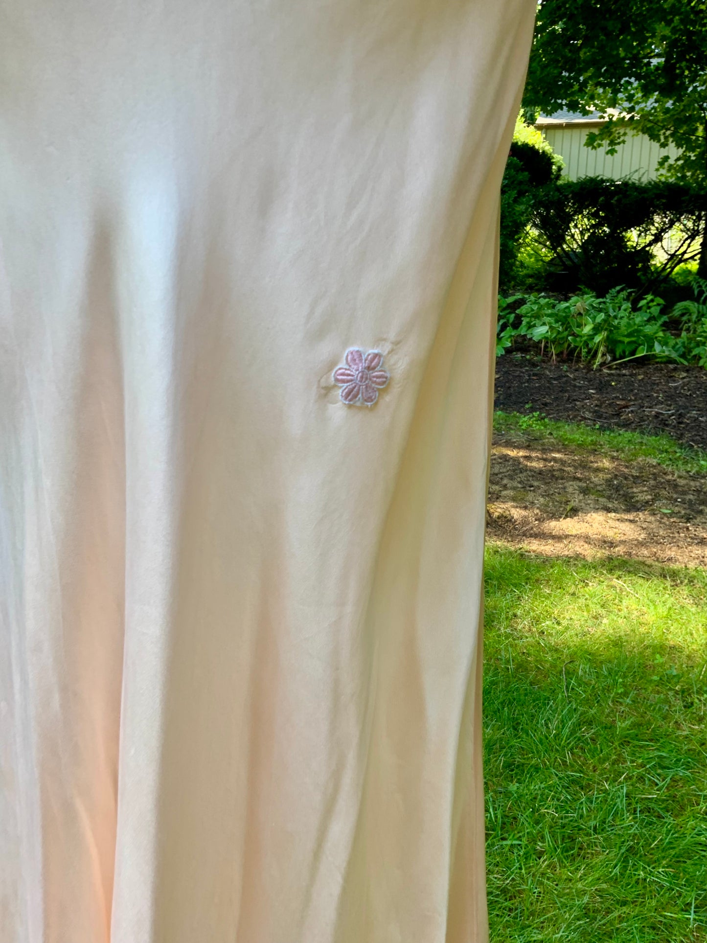Rare Late 1930s Peach Silk Evening Gown. Pleated Bodice. Bias Cut. Restored Floral Details.30CY