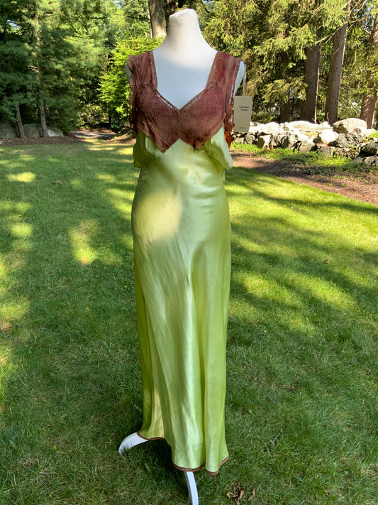 Hand Dyed Antique Silk Slip Dress Chartreuse Green Artist Reimagined 1930s 1940s Silk Nightgown One of a Kind Wearable Art-40C