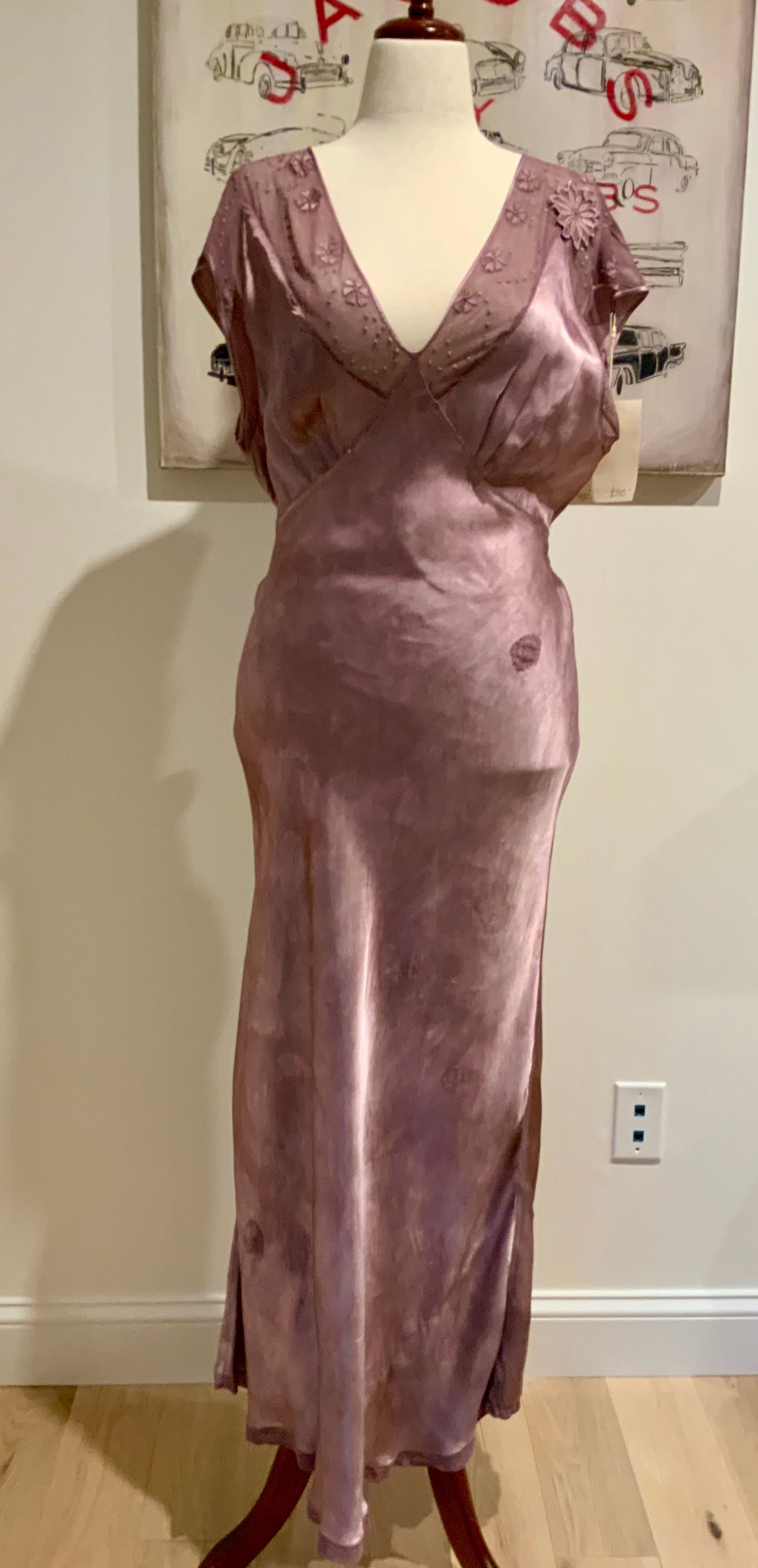 1930s Hand Dyed Mauve Bias Cut Evening Dress. Restyled Vintage Satin Gown.Embroidered Tulle.Lulu Boop Vintage-30CW