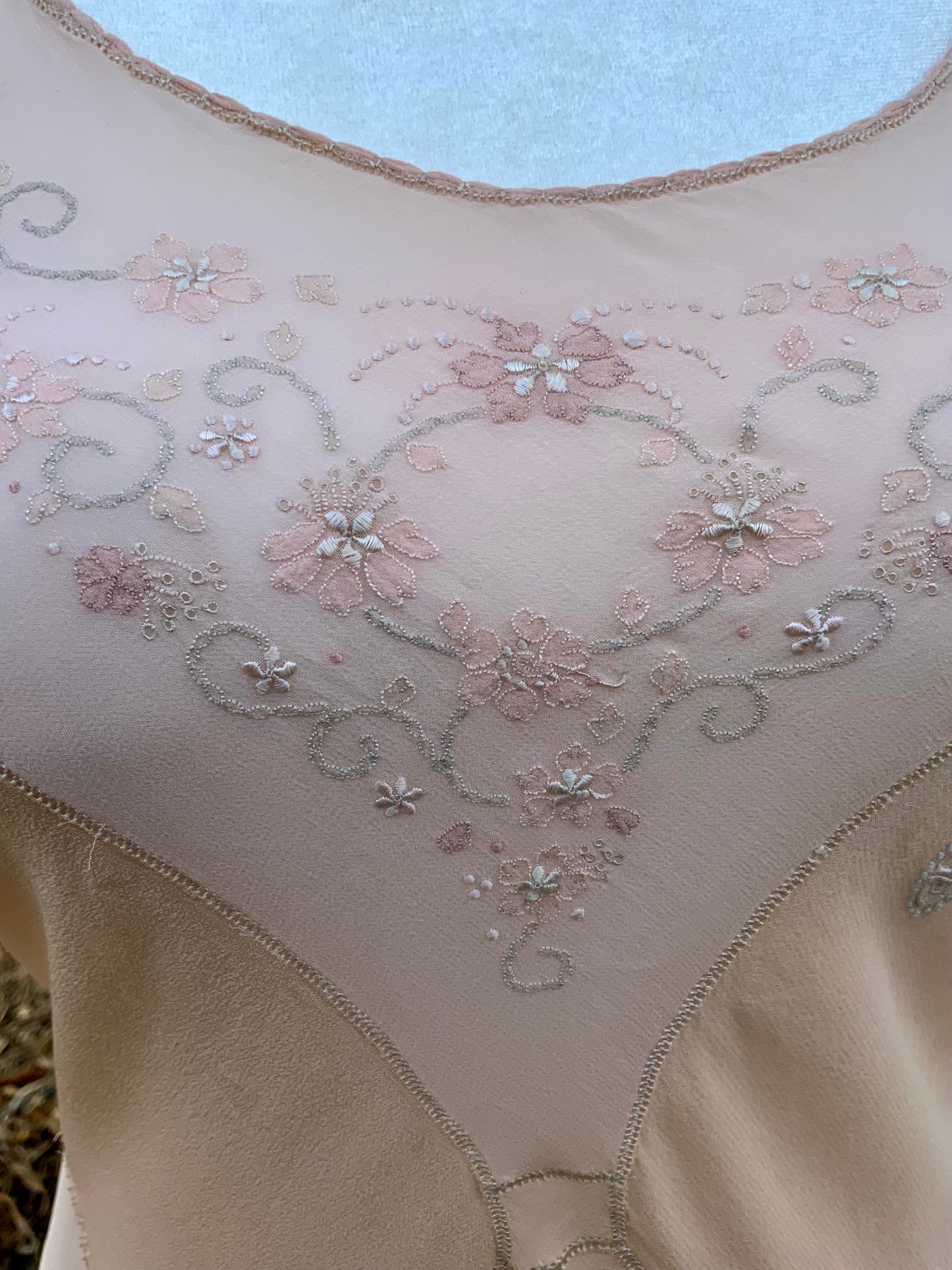 1930s Peach Rayon Nightgown with Art Deco Embroidery & Restored Lace Appliqués – Bias Cut Vintage Lingerie - 30AZ