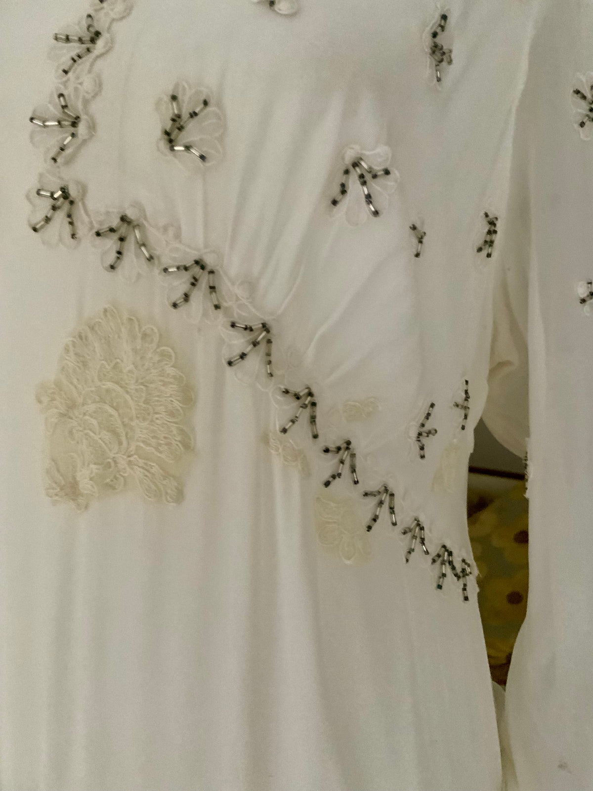 Circa 1940s Ivory Chiffon Wedding Gown with Beaded Shell Motifs and Lace Appliqués.40CH.
