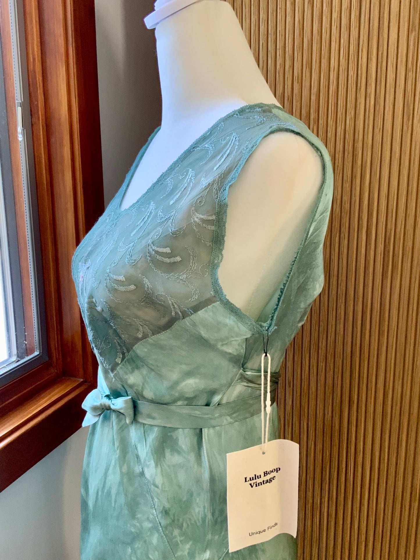 Hand Dyed Antique Satin & Chiffon Nightgown | Restored Vintage Lingerie Dress | 1930s Bias Cut Green Silk Satin Slip
- 40AD