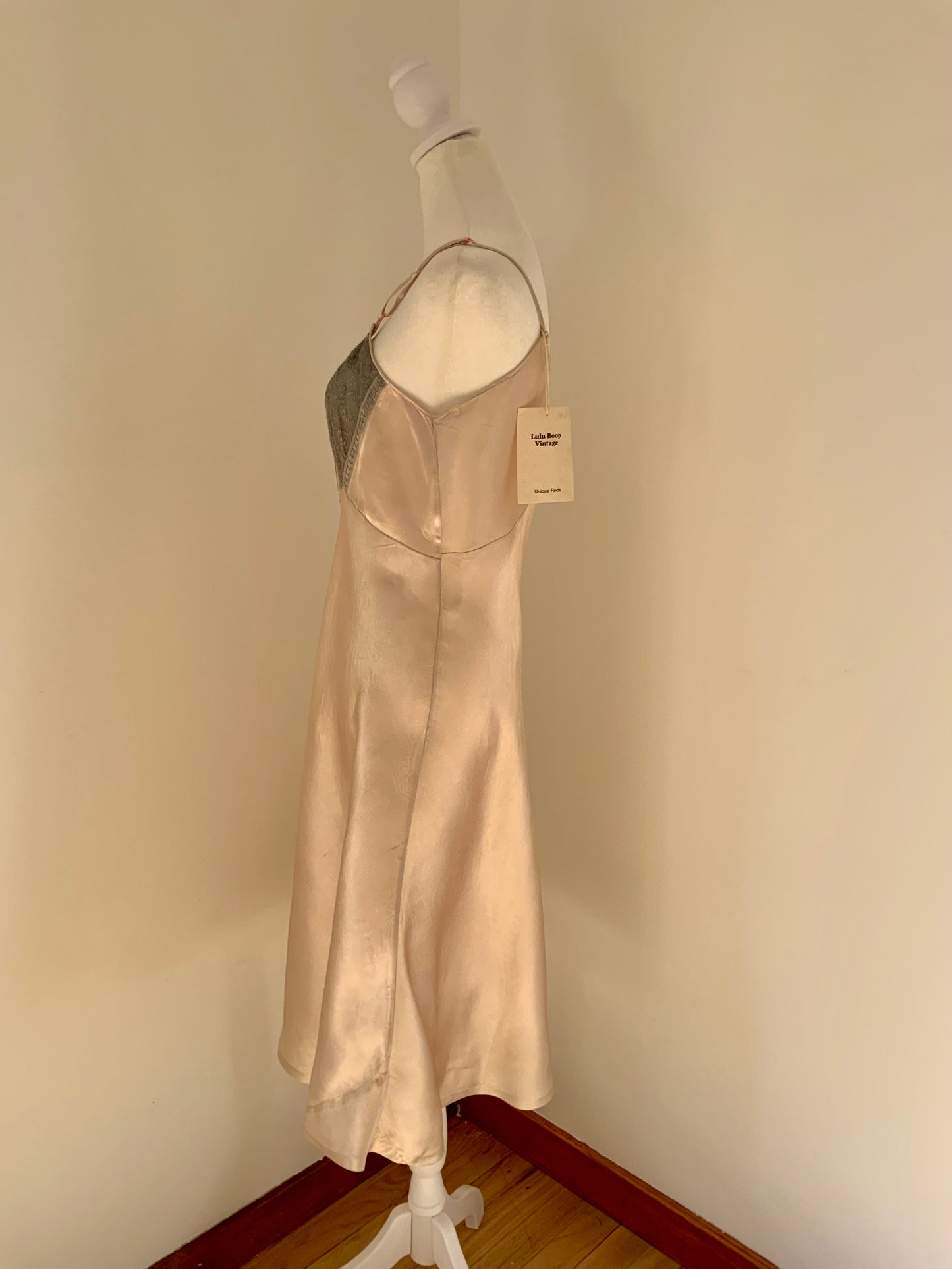 Vintage Silk Slip Dress – Hand Dyed Champagne and Grey with Lace Bodice & Satin Ribbon
 - 40Pi