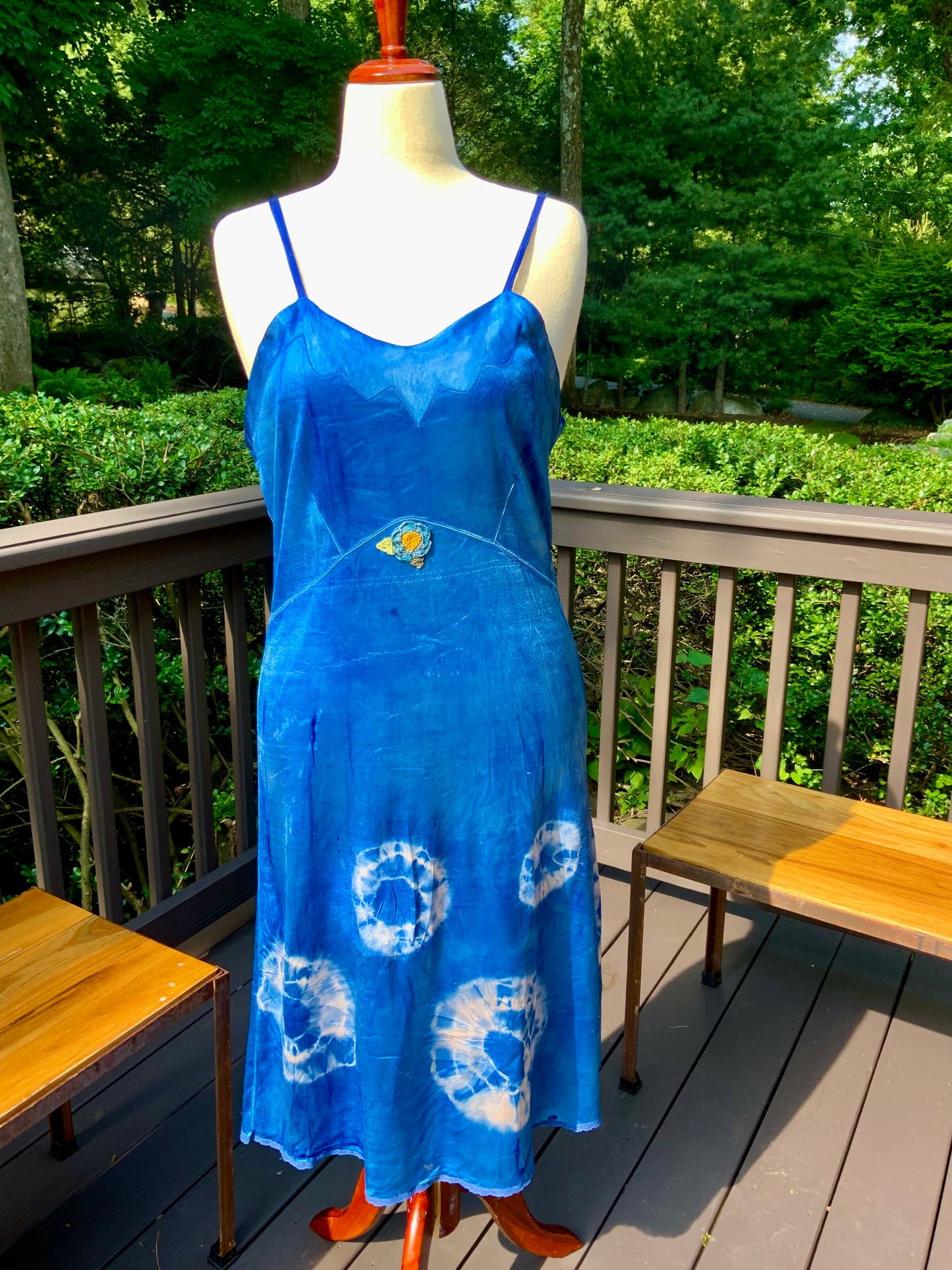 Mid-Century Hand Dyed Blue Tie Dye Satin Slip Dress.60P.