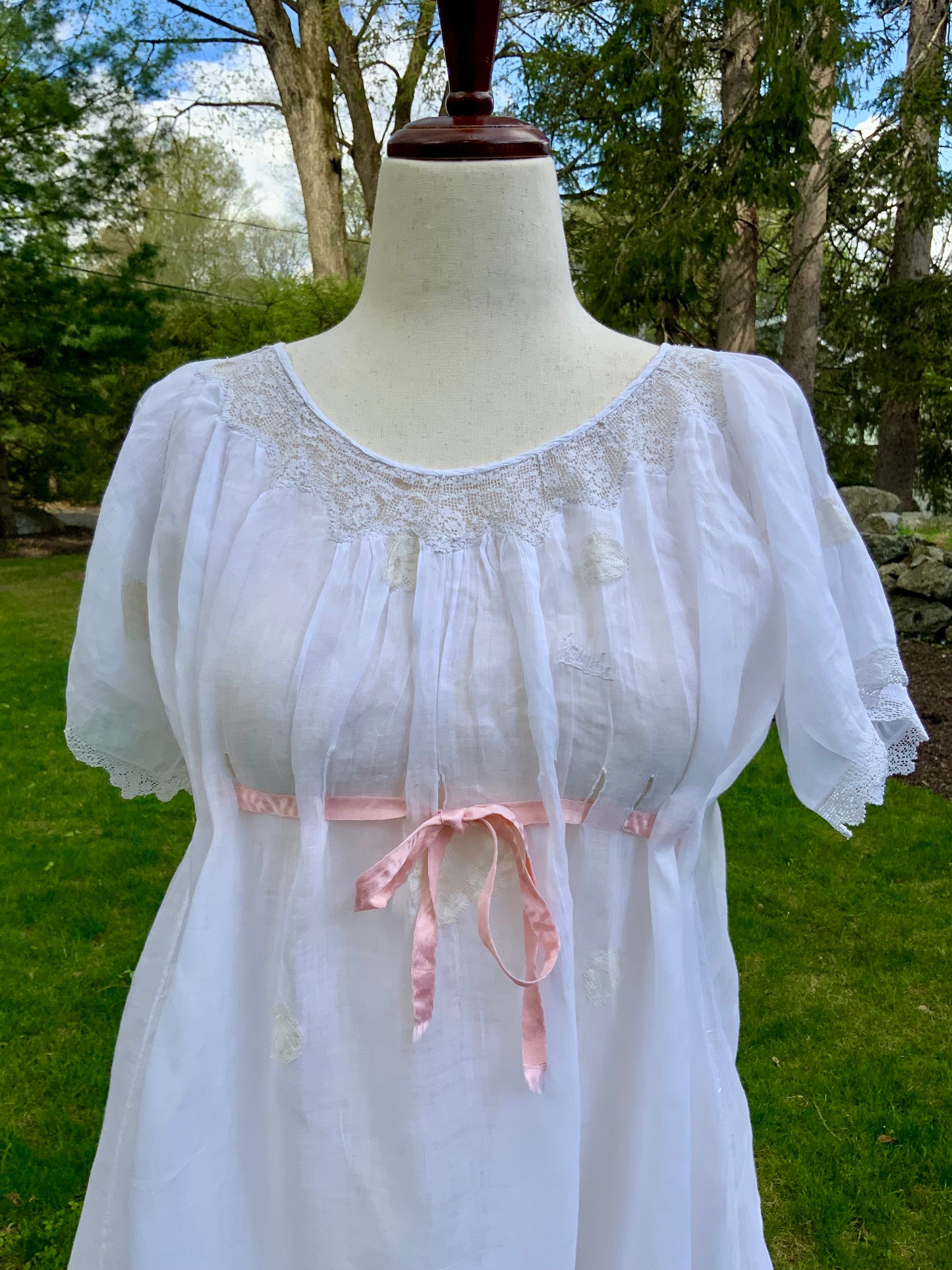 Antique Edwardian Cotton Nightgown “Carmela” Hand Repaired with Filet Lace Appliqués – Restored Heirloom Piece-ED81