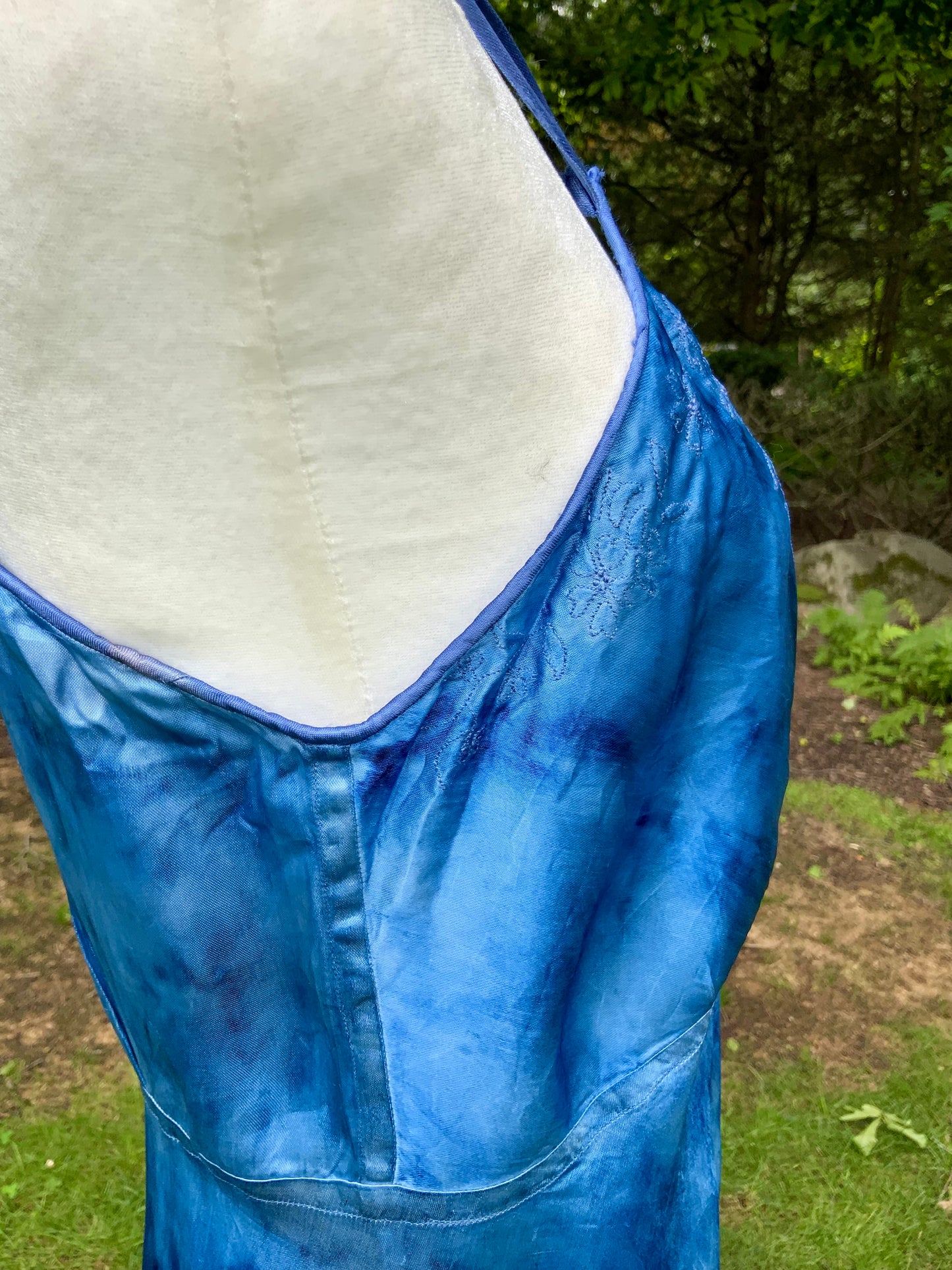 1930s Hand Dyed Blue Satin Nightgown with Floral Appliqués.40CG