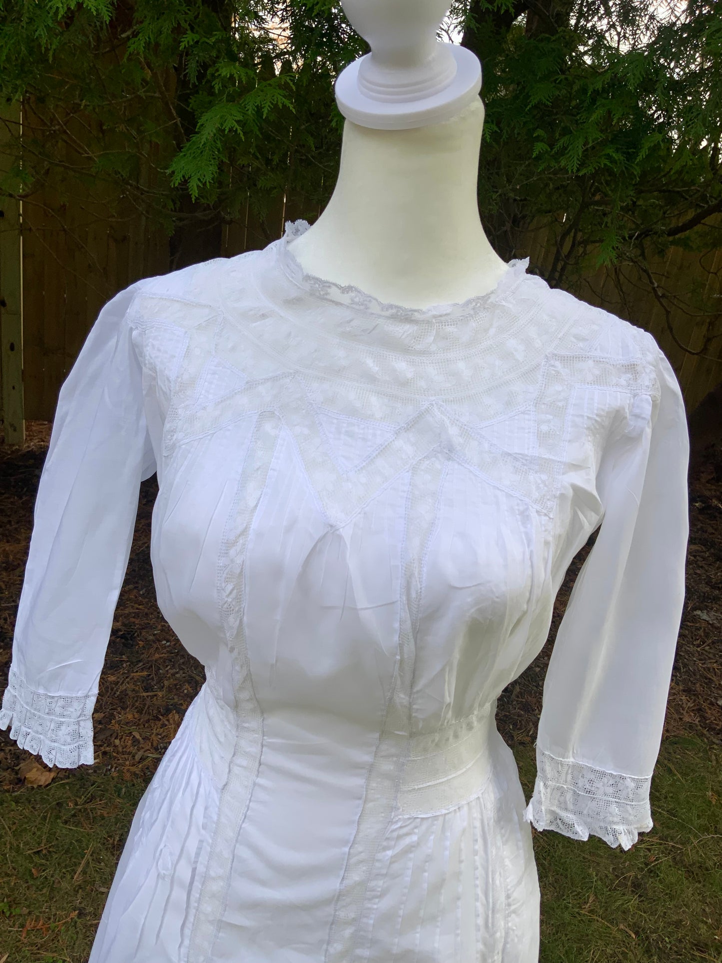 Edwardian White Cotton Lace Tea Dress c.1908–1914 — Pintucks, Lace Inserts - ED37