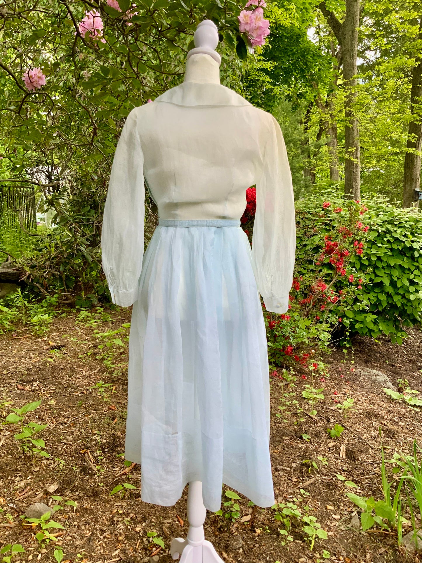Late 1930s 1940s Sheer Blue Cotton Organdy Dress Romantic Lingerie Style Dress-30CR