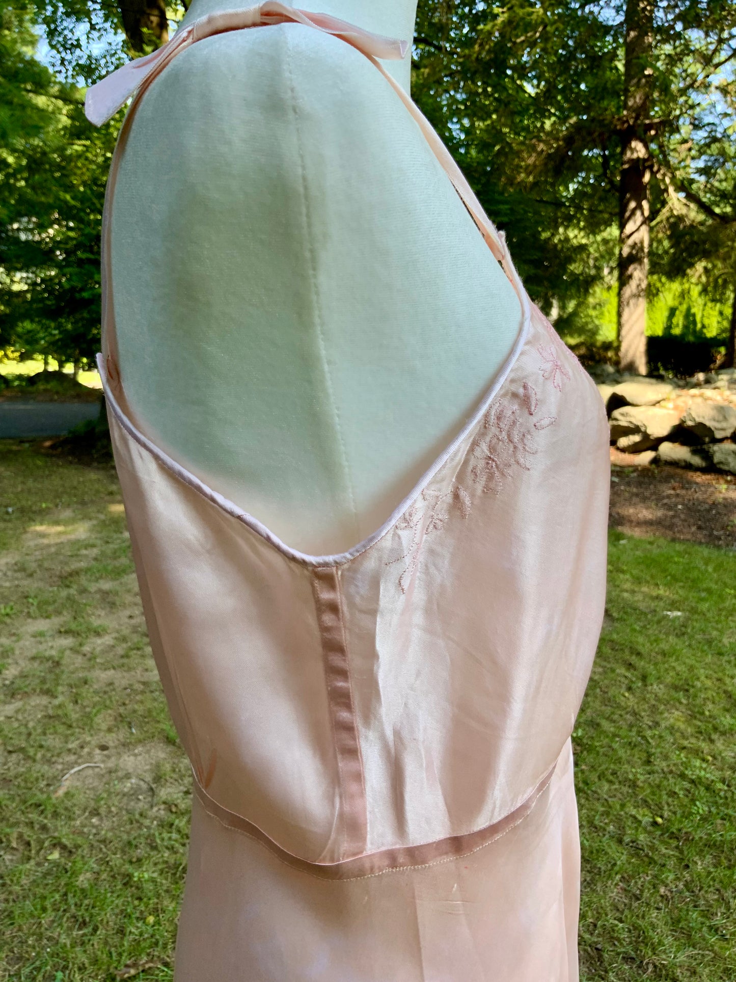 1940s Vintage Peach Satin Slip Dress Embroidered Floral Bodice Restored Bridal Boudoir Nightgown.40CG