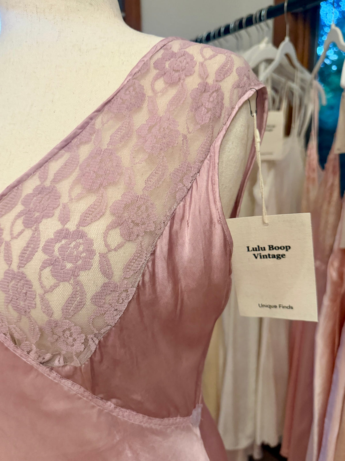 1930s Hand Dyed Dusty Lilac Satin & Floral Lace Bias-Cut Nightgown.40CE