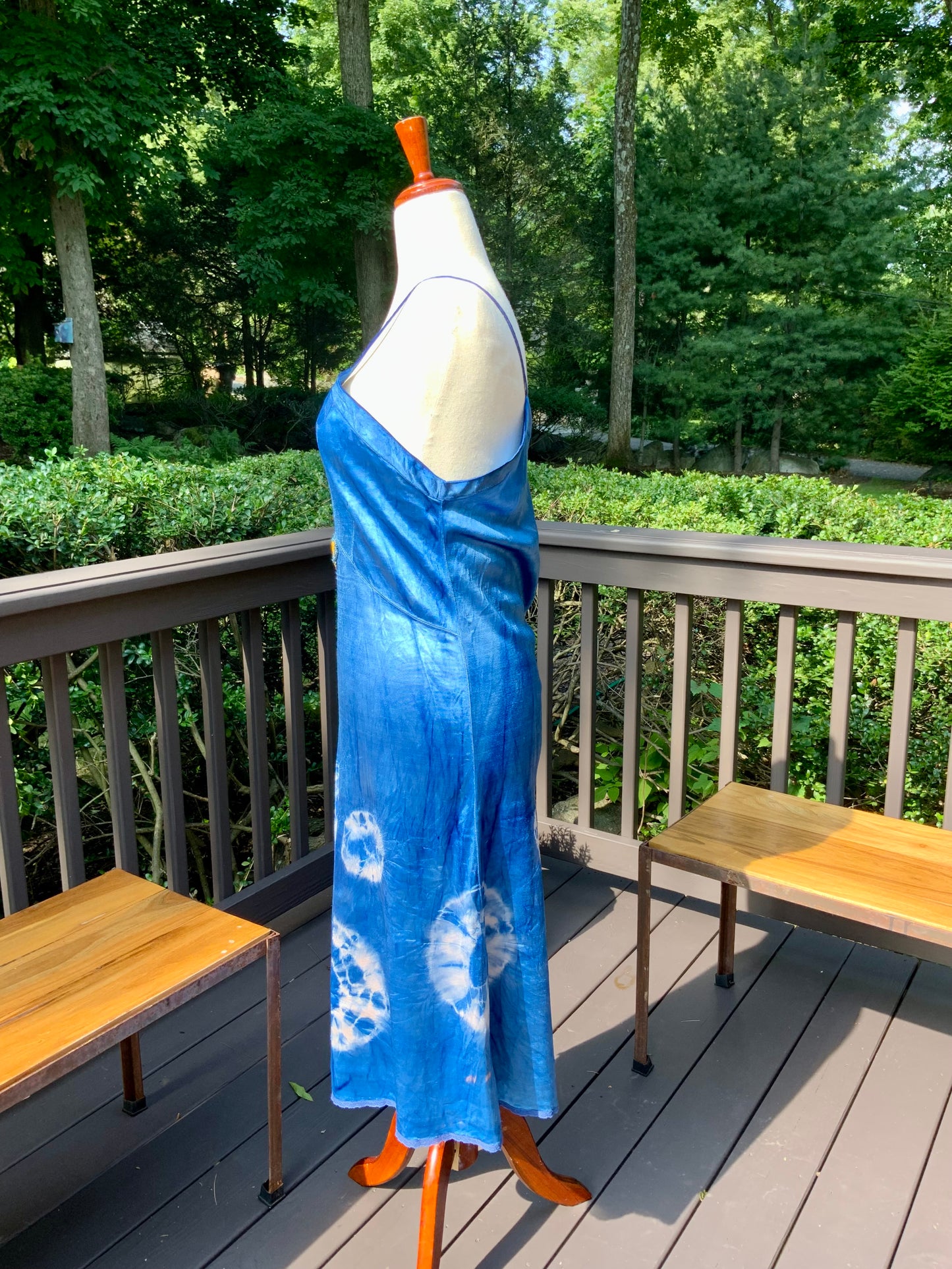 Mid-Century Hand Dyed Blue Tie Dye Satin Slip Dress.60P.