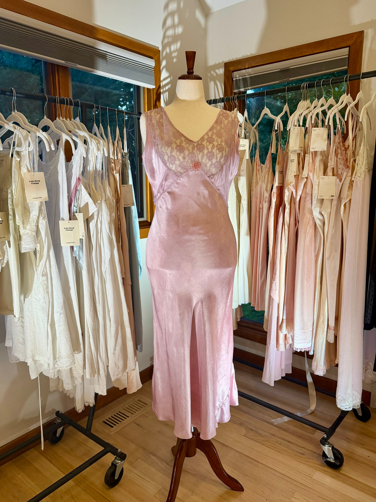 1930s Hand Dyed Dusty Lilac Satin & Floral Lace Bias-Cut Nightgown.40CE