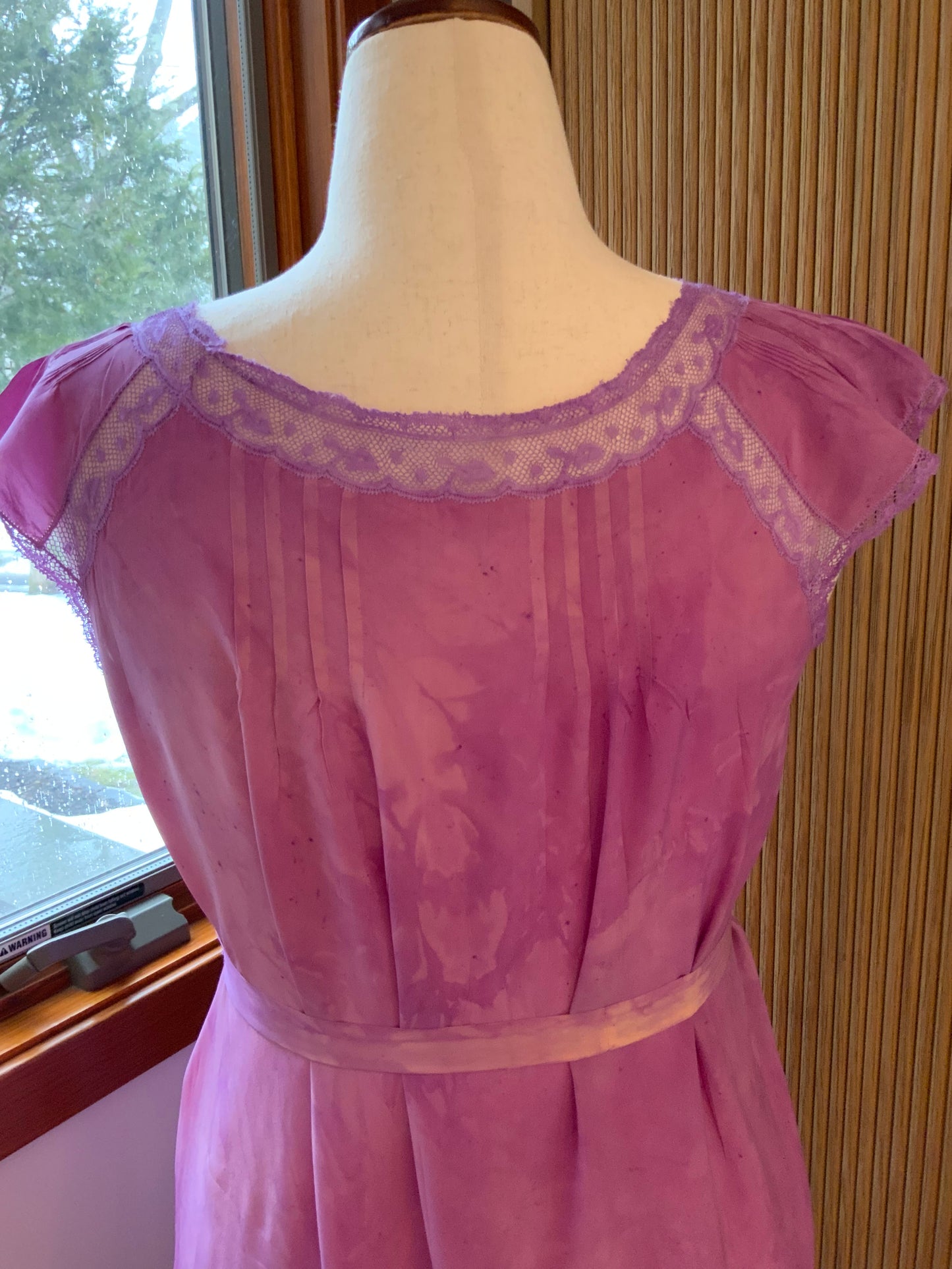 Hand Dyed Silk 1920s–30s Gown | Lavender Lace Pintuck Maxi Dress | Antique Silk Day Dress with Original Belt- 20AD