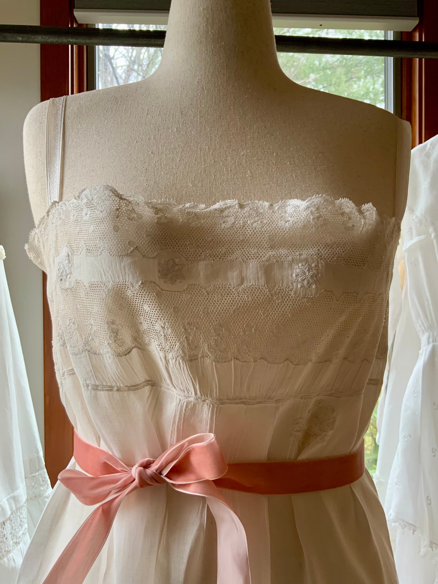 Antique 1910s Cotton Batiste Lingerie Dress with Lace Insertion & Hand Embroidery-ED74