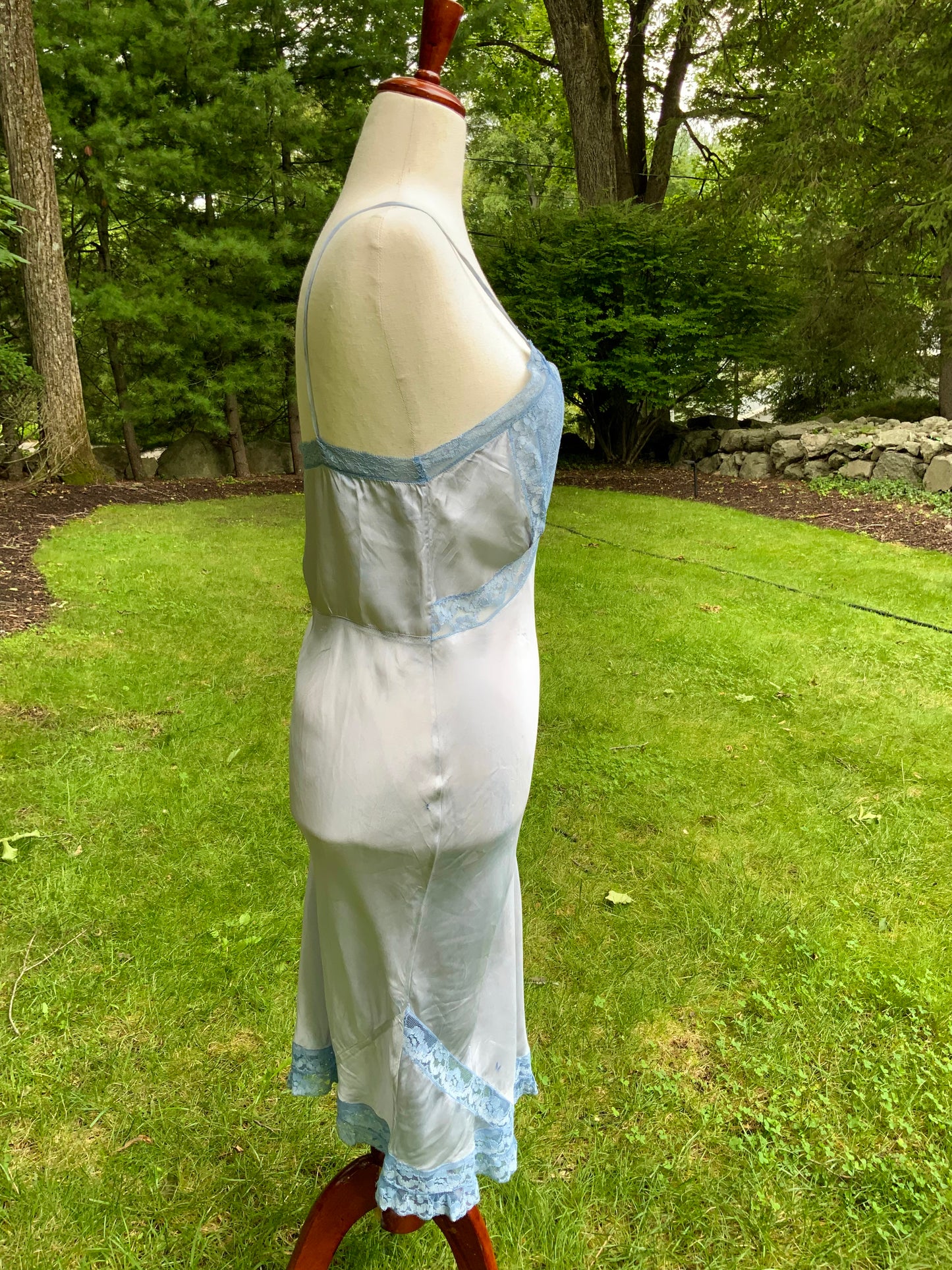 1930s Hand-Dyed Ice Blue Satin and Lace Bias-Cut Full Slip.50BA