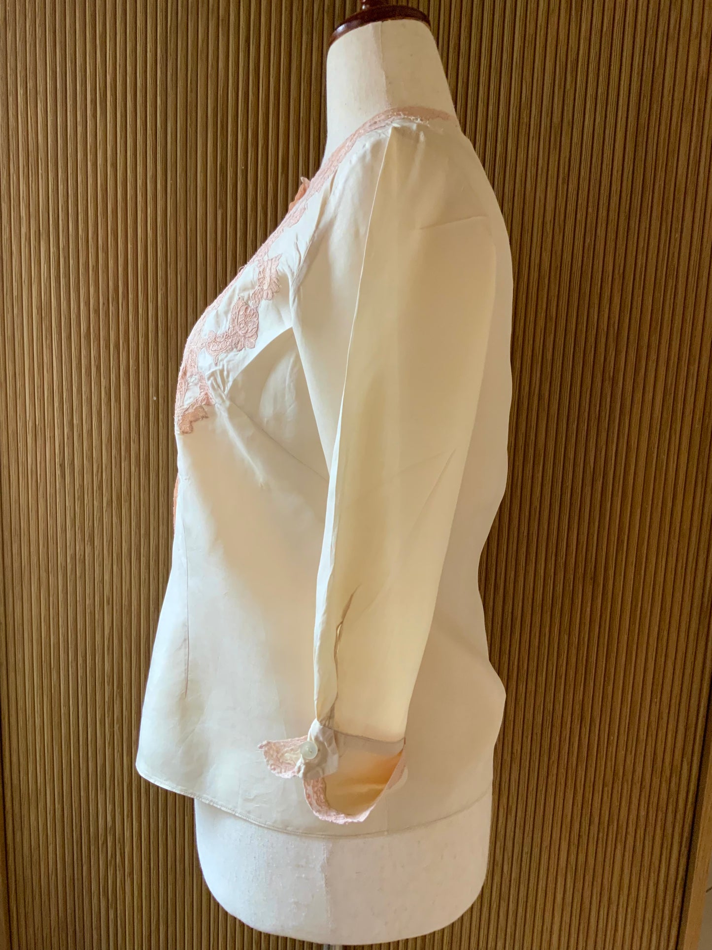 1930s Silk Blouse with Blush Lace Appliqué – Sheer Antique Chiffon Top, Romantic Lingerie Style, Bridal Boudoir Vintage-30BG