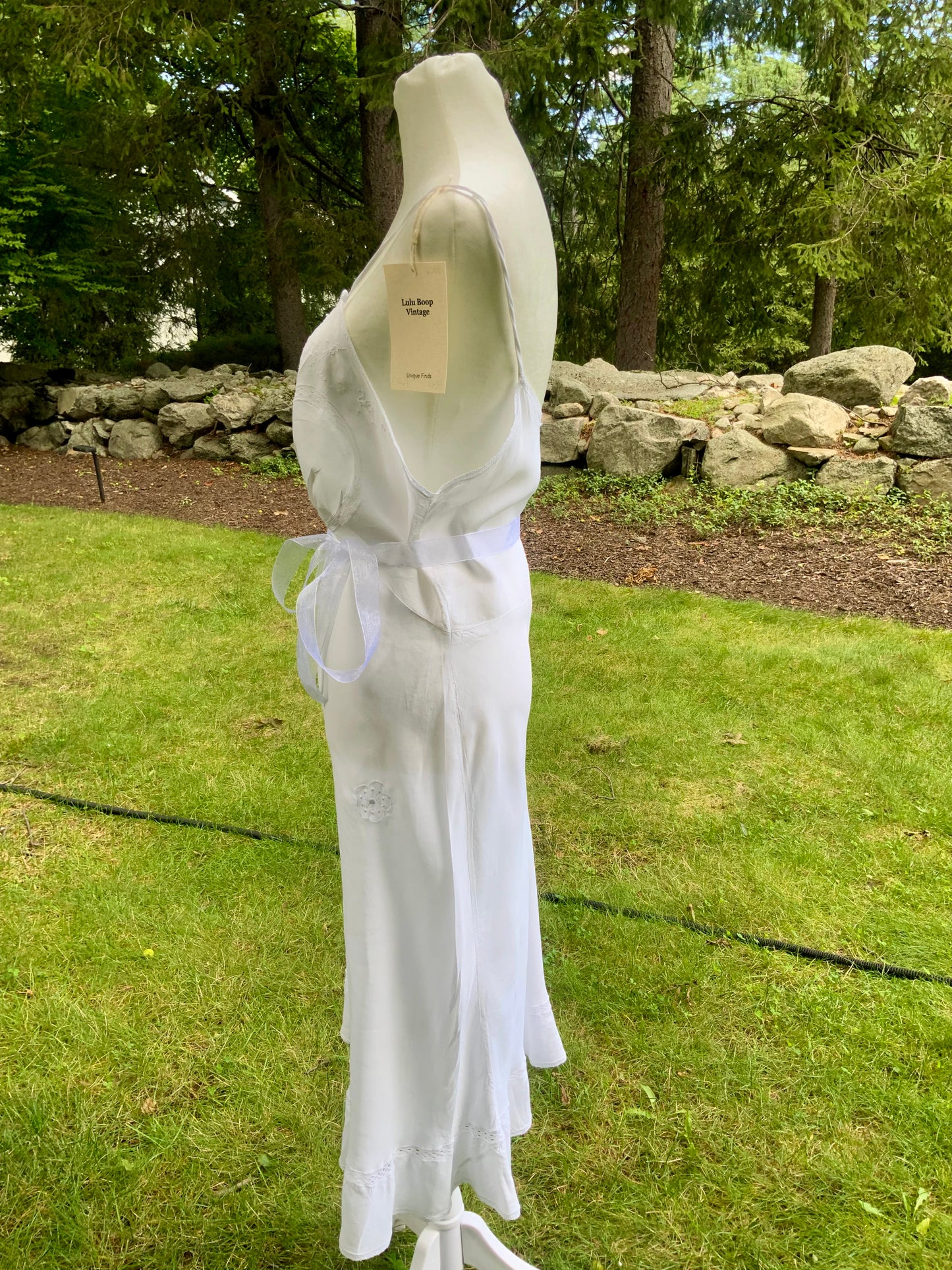 1930s White Satin Nightgown. Embroidered Bias Cut Slip Dress. Bridal Lingerie Gown .30CQ