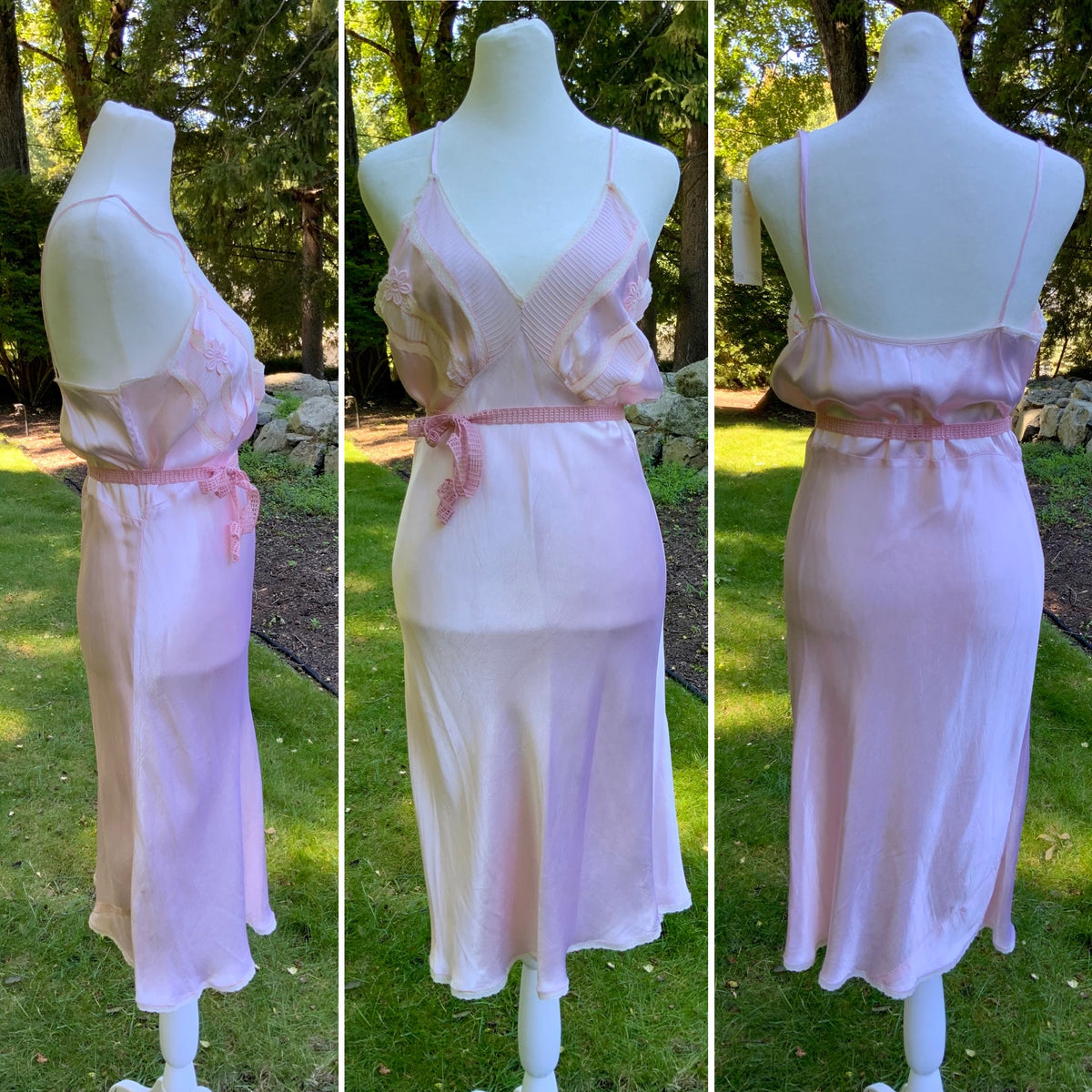 1930s Blush Pink Satin Bias Cut Slip Dress with Pleated Trim.30CN