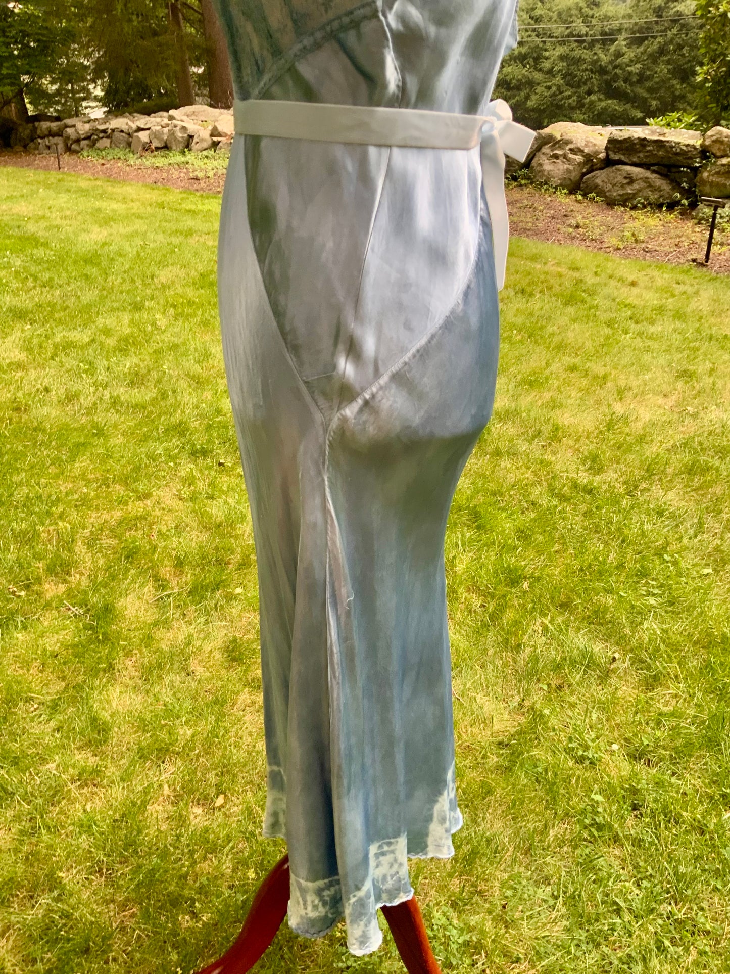 1930s early 40s Hand Dyed Blue Satin Slip Dress | Embroidered Sheer Bodice | Bias Cut Vintage Inspired Lingerie Dress | One of a Kind-40BH