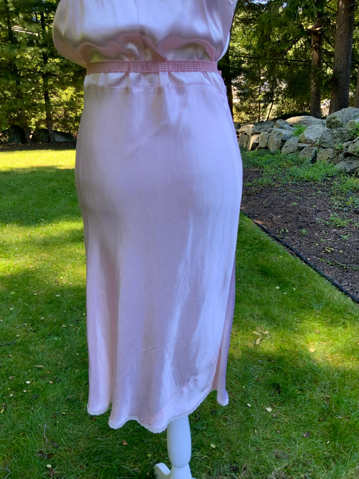 1930s Blush Pink Satin Bias Cut Slip Dress with Pleated Trim.30CN