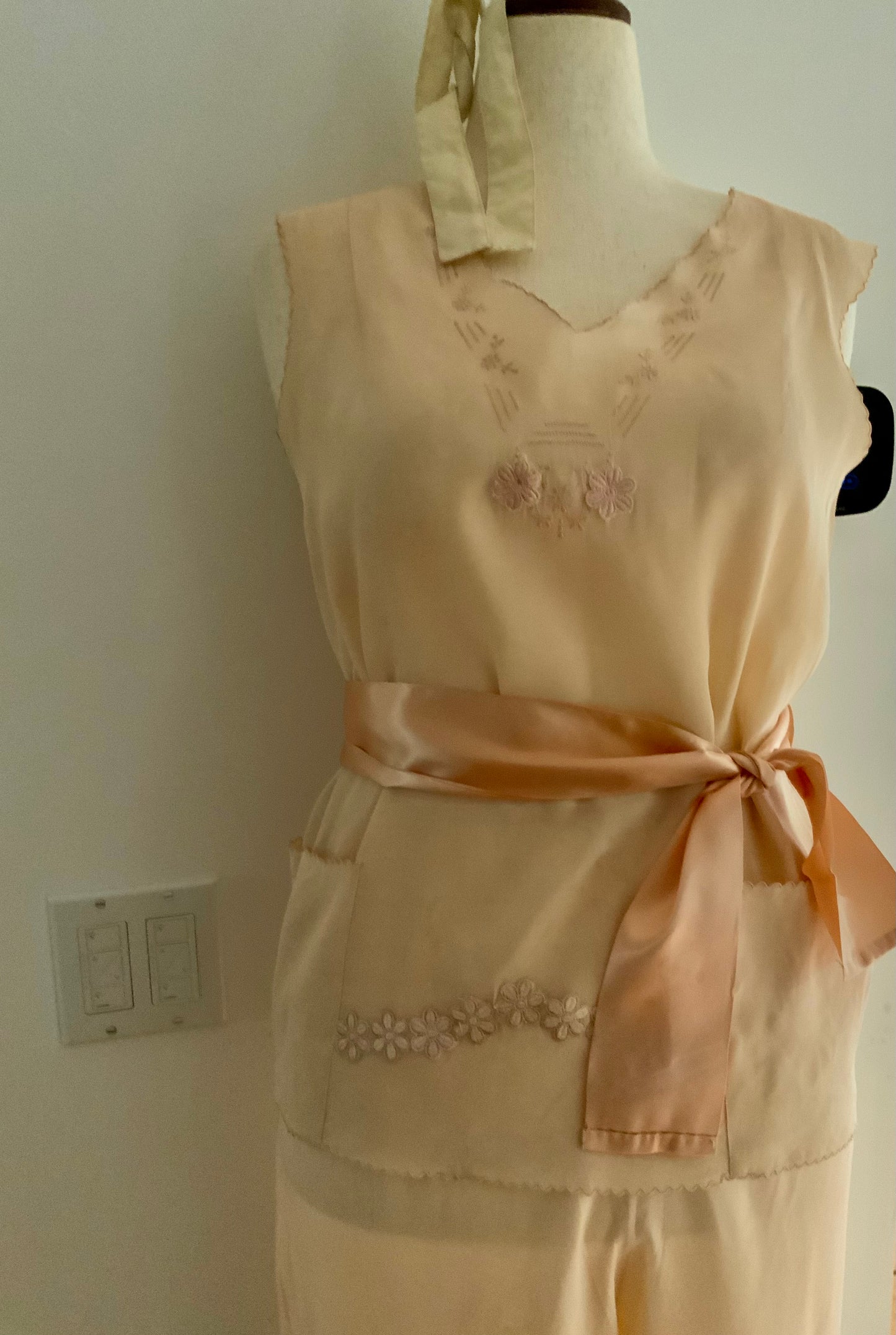 1920s–1930s Pure Silk Peach Pajama | Hand Restored with Vintage Floral Appliqués & Satin Ribbon | One-of-a-Kind Collectible Loungewear- 20AJ
