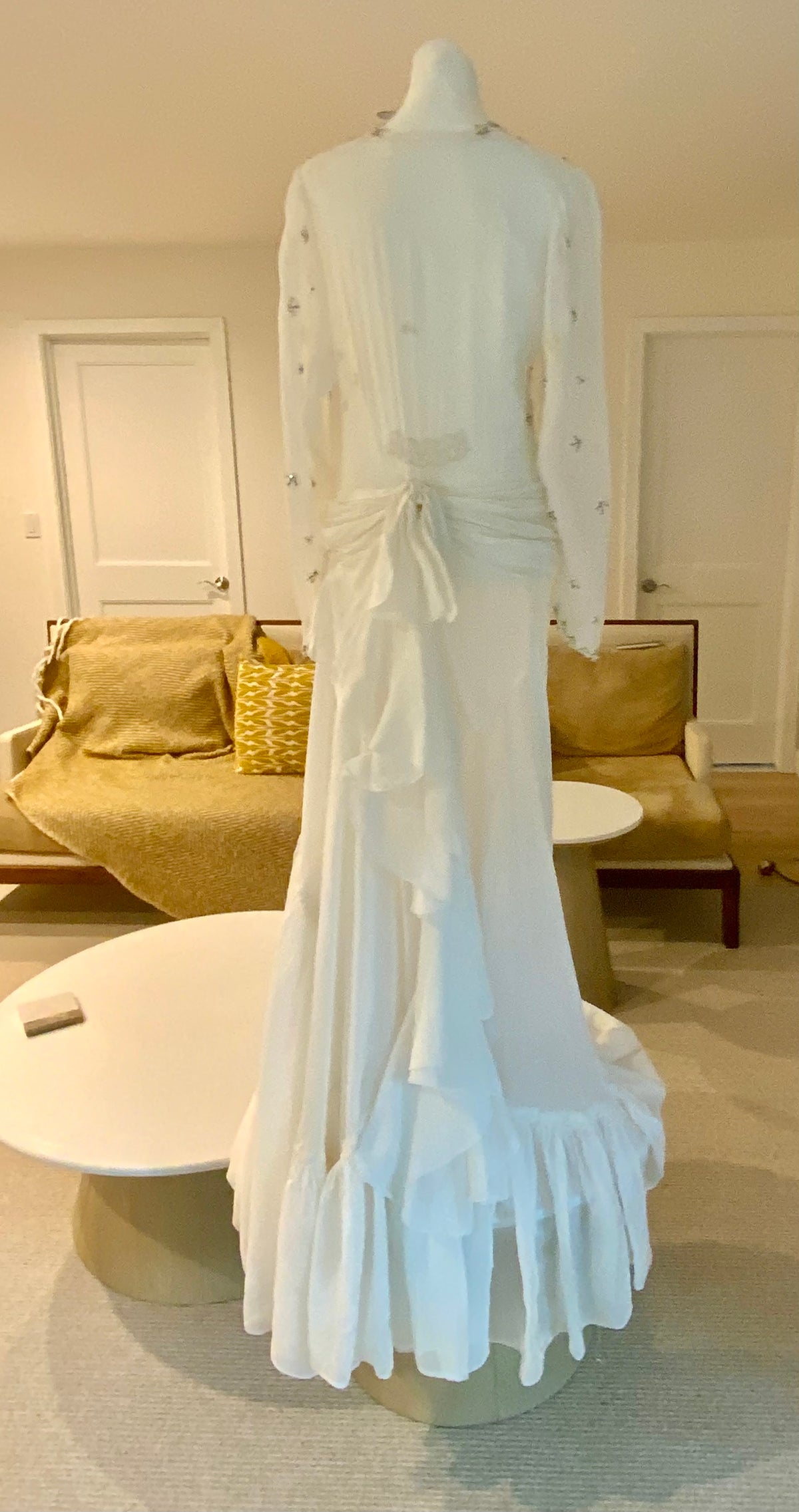 Circa 1940s Ivory Chiffon Wedding Gown with Beaded Shell Motifs and Lace Appliqués.40CH.