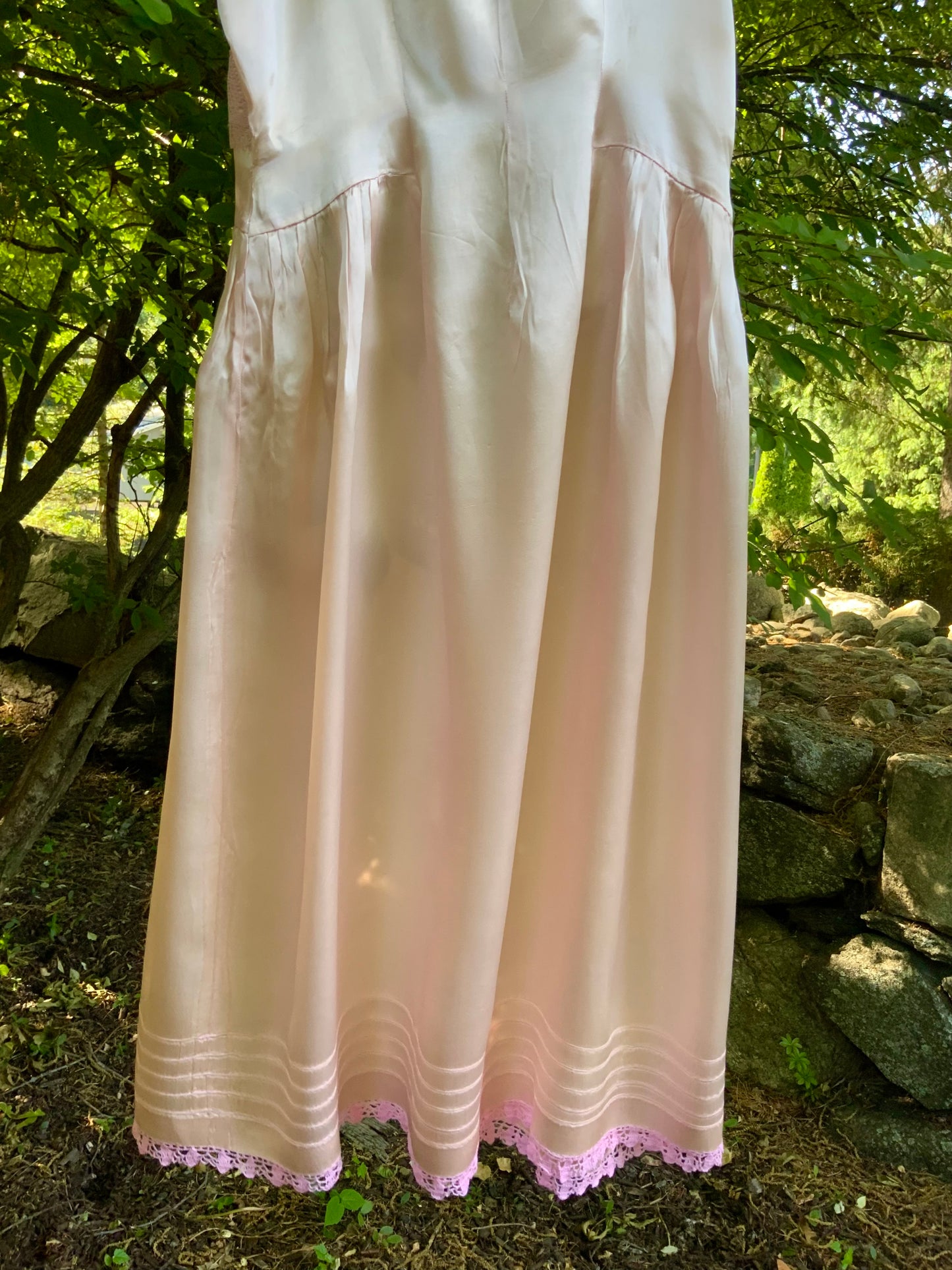 Rare 1930s Blush Pink Satin Boudoir Gown with Embroidery & Ribbon Sash-30DA