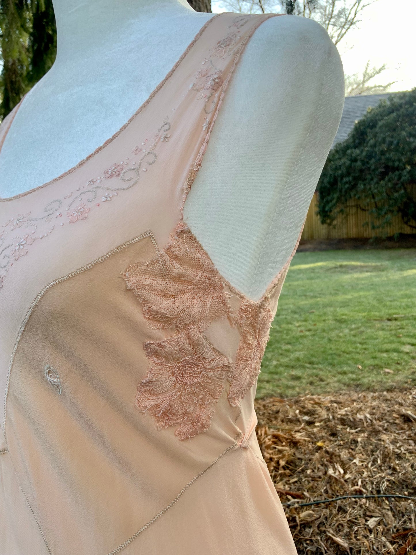 1930s Peach Rayon Nightgown with Art Deco Embroidery & Restored Lace Appliqués – Bias Cut Vintage Lingerie - 30AZ