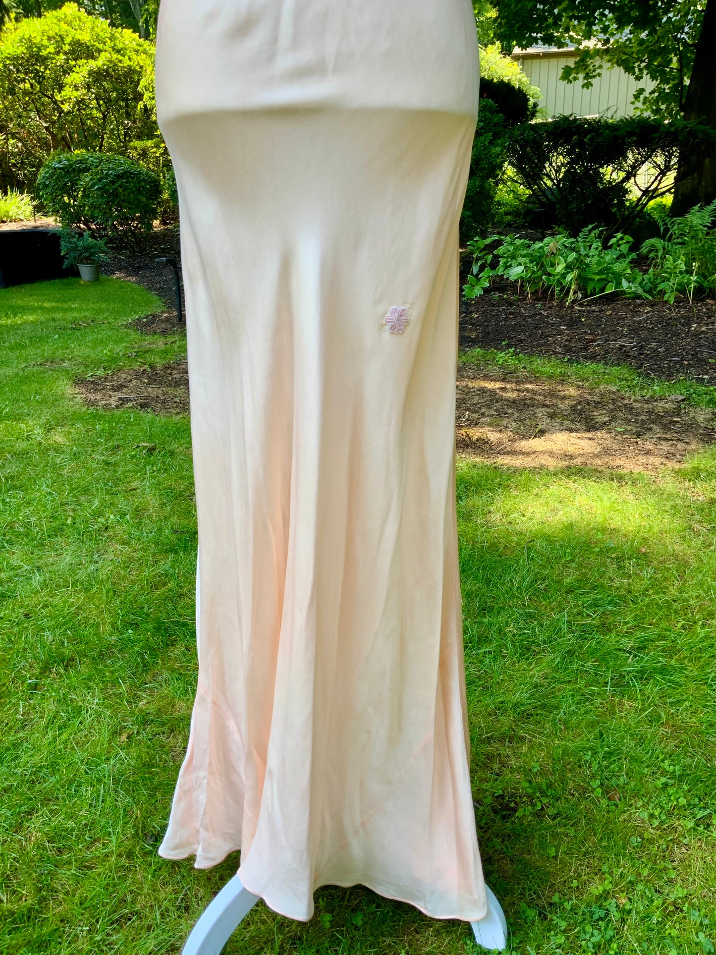 Rare Late 1930s Peach Silk Evening Gown. Pleated Bodice. Bias Cut. Restored Floral Details.30CY