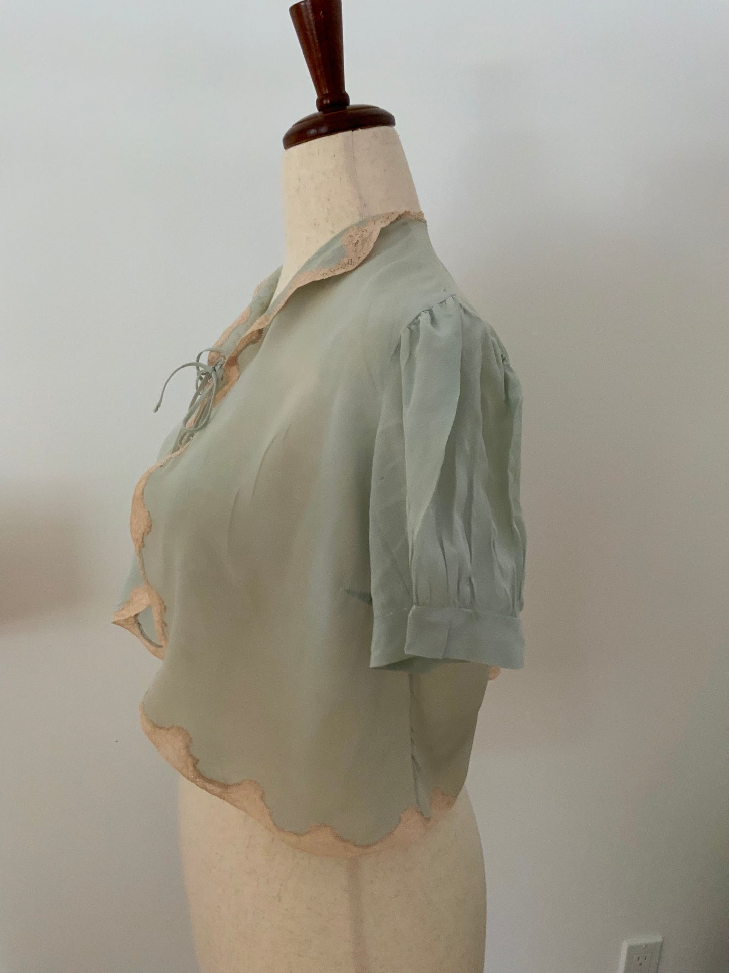 1930s Seafoam Silk Chiffon Bed Jacket with Blush Lace | Antique Boudoir Blouse-30BC