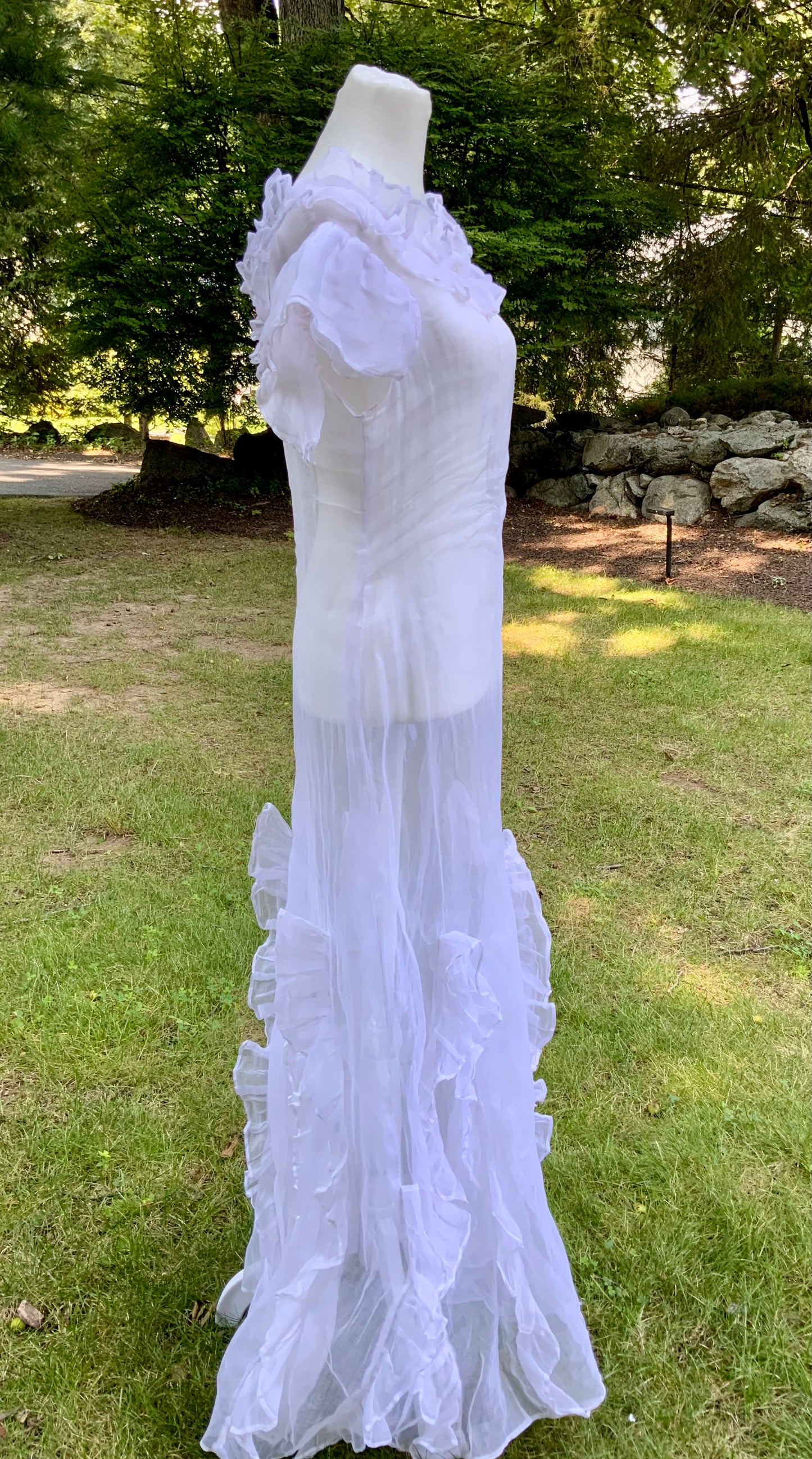 Rare 1930s White Organza Evening Gown.Ethereal Ruffle Hem Formal Dress. Romantic Bridal Gown-30DO