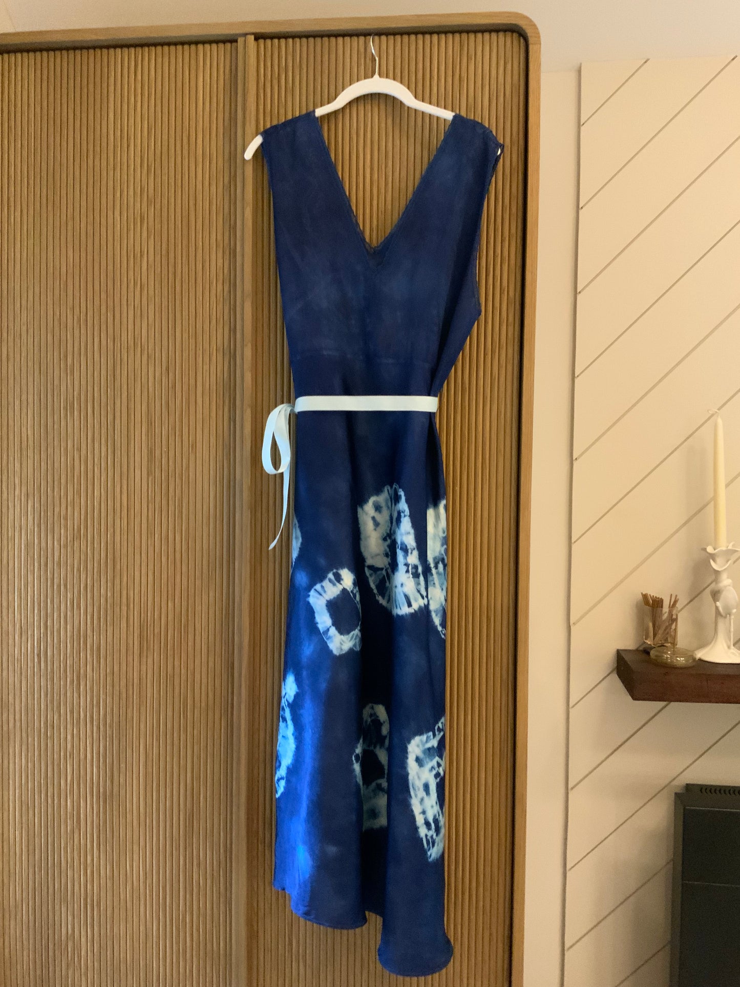 1930s Hand-Dyed Indigo Silk Slip Dress with Batik Resist Dye | OOAK
-40BN