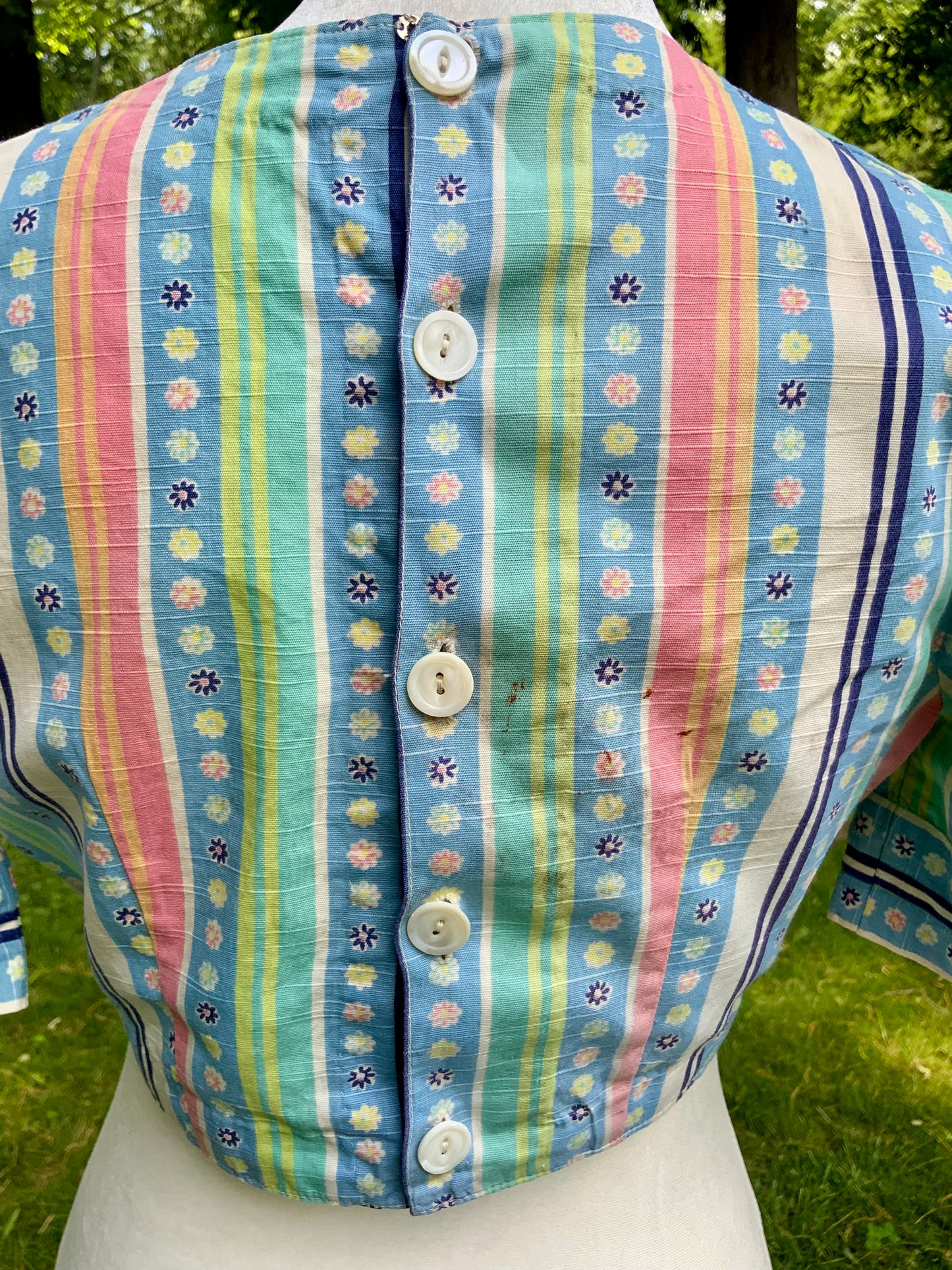 Rare 1930s Floral Stripe Button Back Blouse | Puff Sleeve Crop Top-30CZ