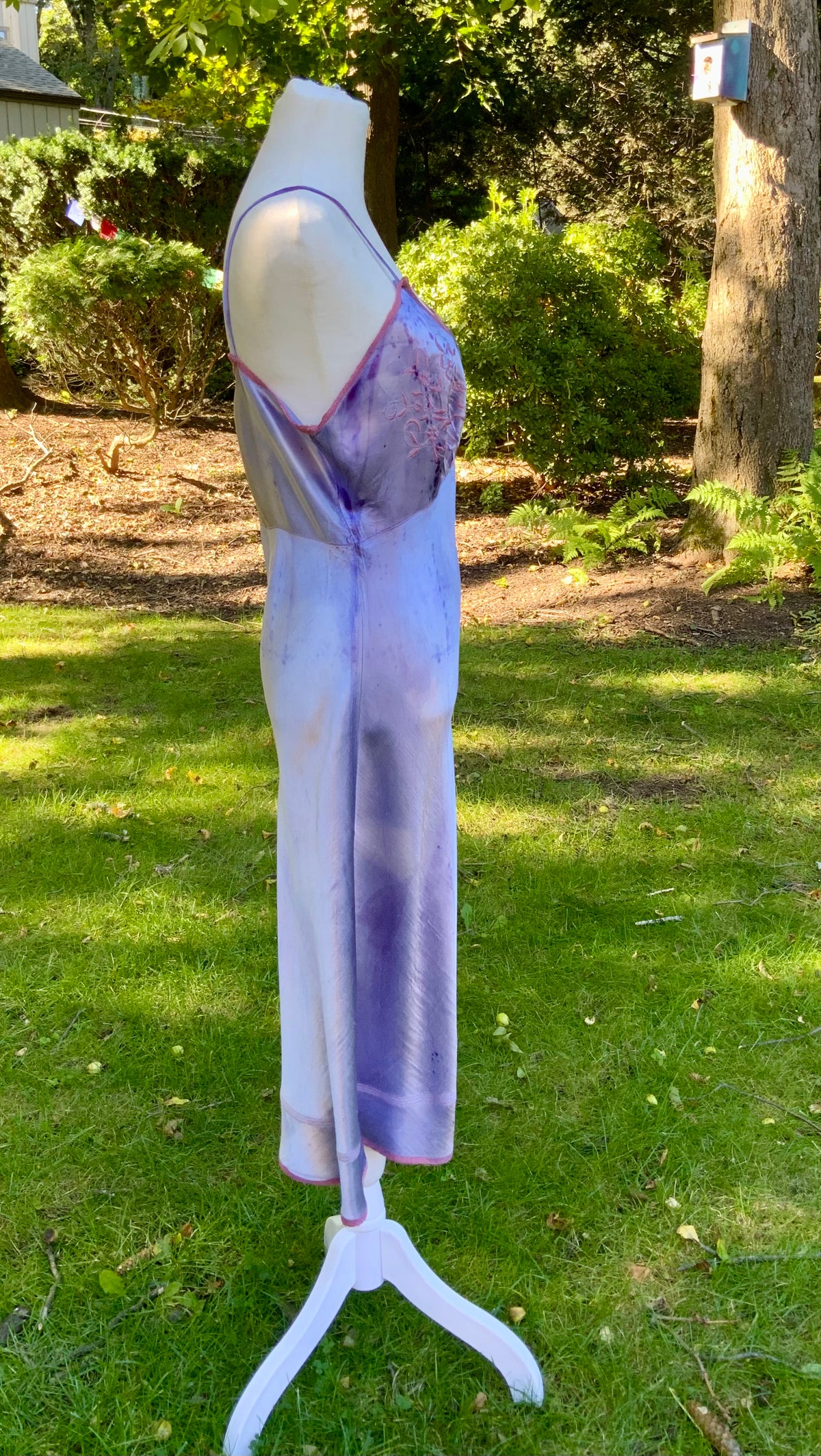 1930s/40s  Hand-Dyed Lilac Satin Slip Dress with Floral Embroidery.40BV