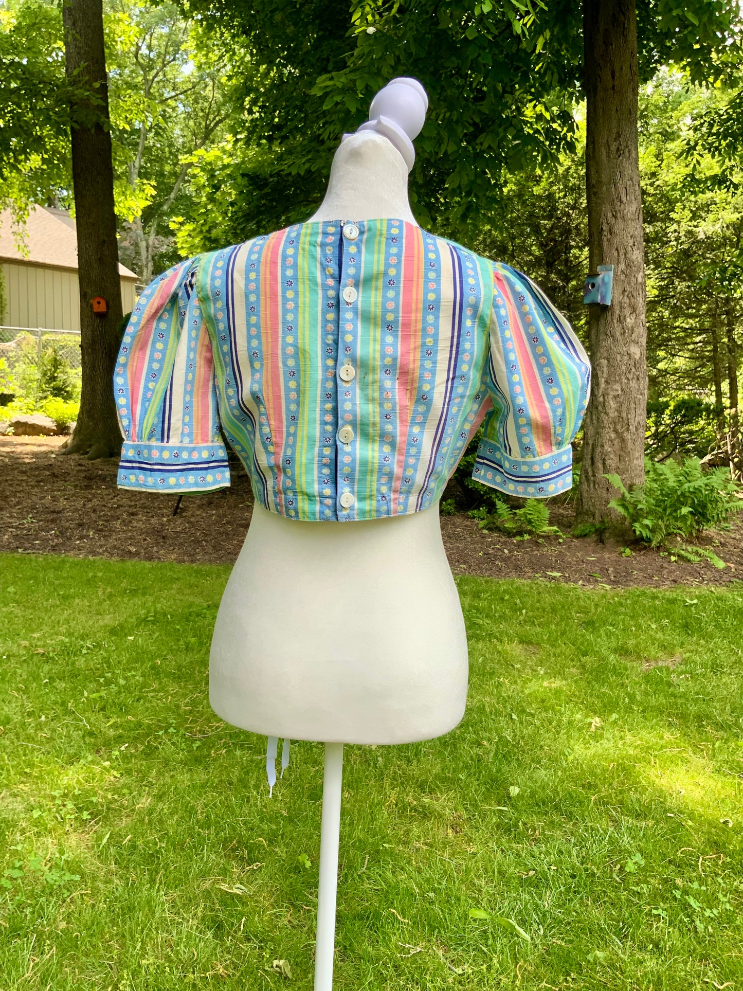 Rare 1930s Floral Stripe Button Back Blouse | Puff Sleeve Crop Top-30CZ