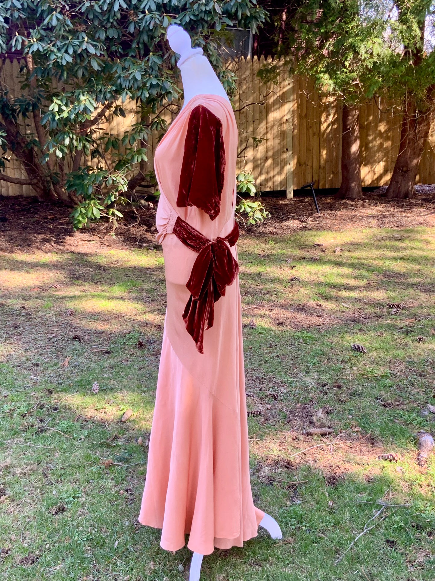 1930s Silk Crepe Evening Dress in Dusty Peach with Velvet Accents and Draped Waist | Artfully Restored-Iconic-30BH
