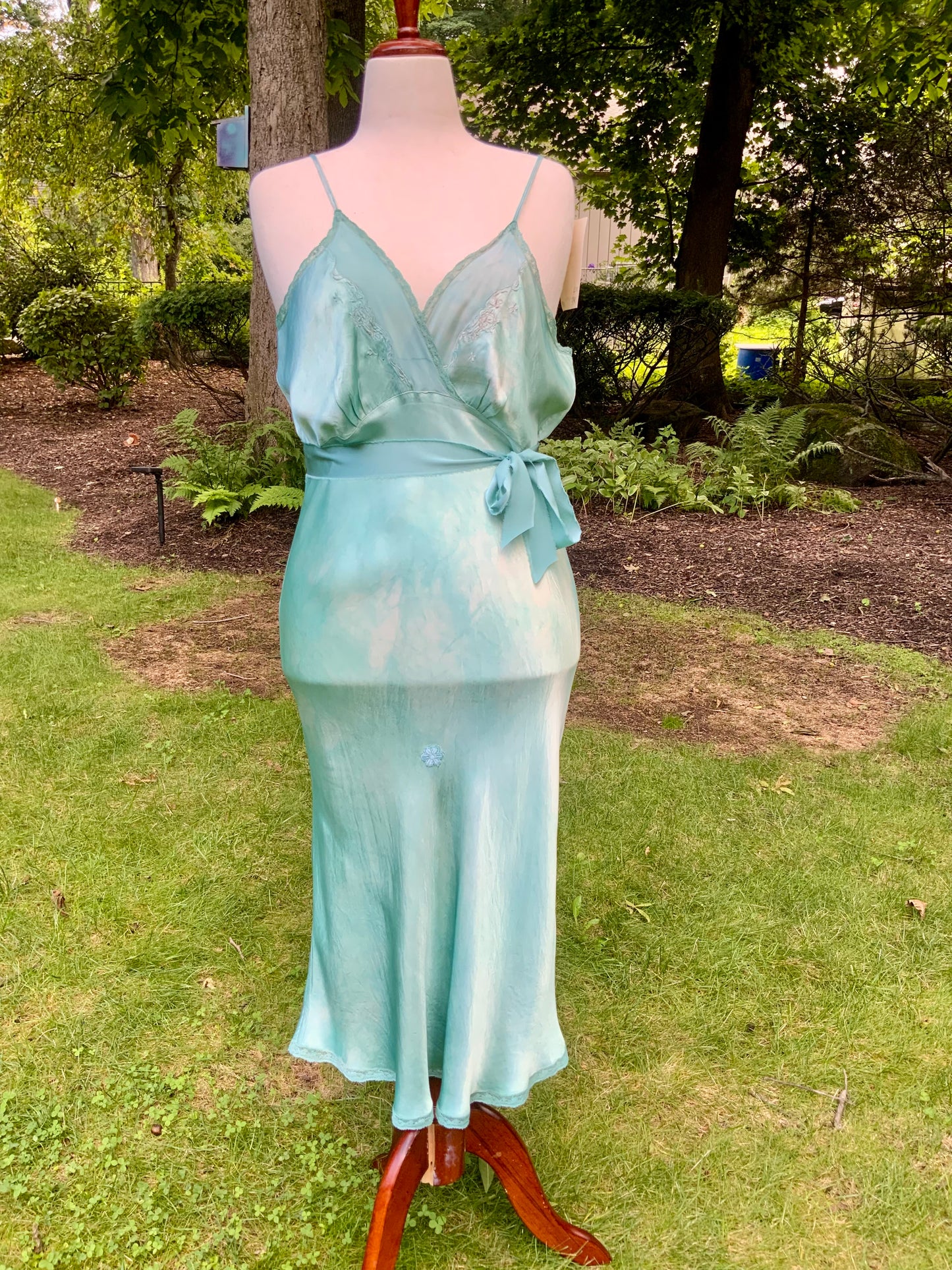 1930s Hand-Dyed Aqua Satin Slip Dress. Embroidered Bias Cut Slip with Sash.40CB