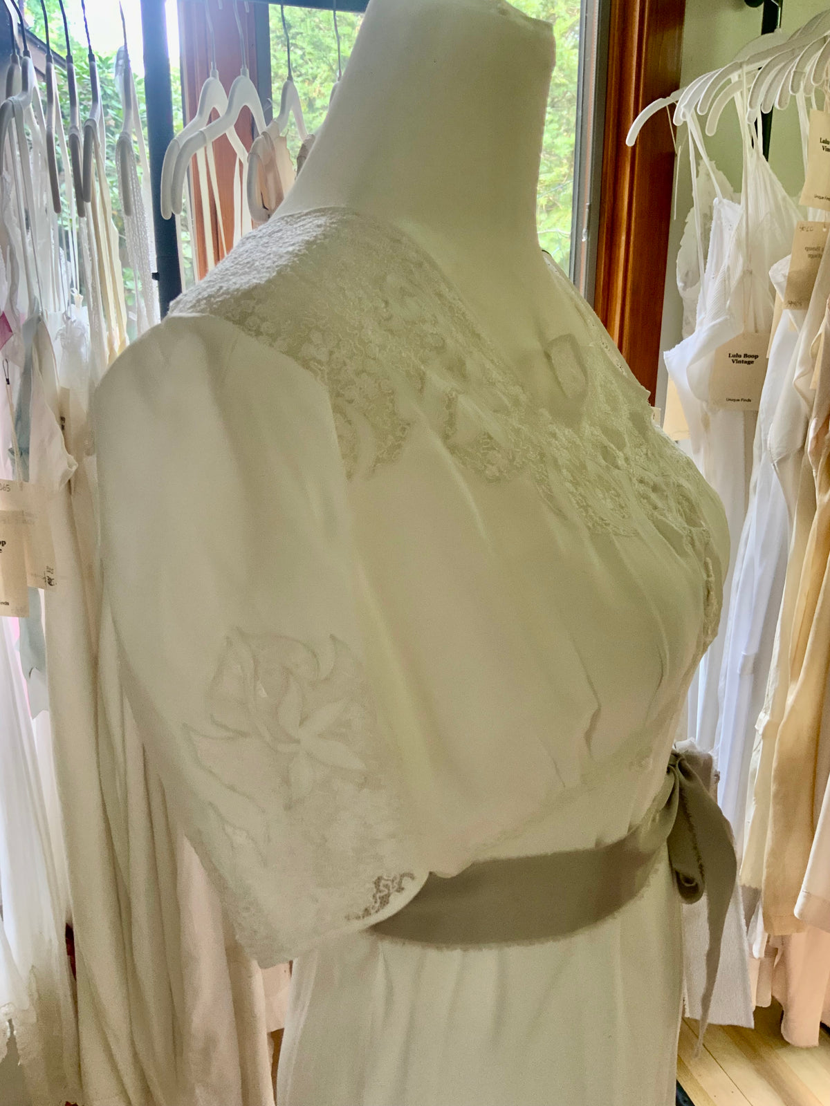 Circa 1930s–1940s White Satin Nightgown with Floral Lace and Ribbon Sash.