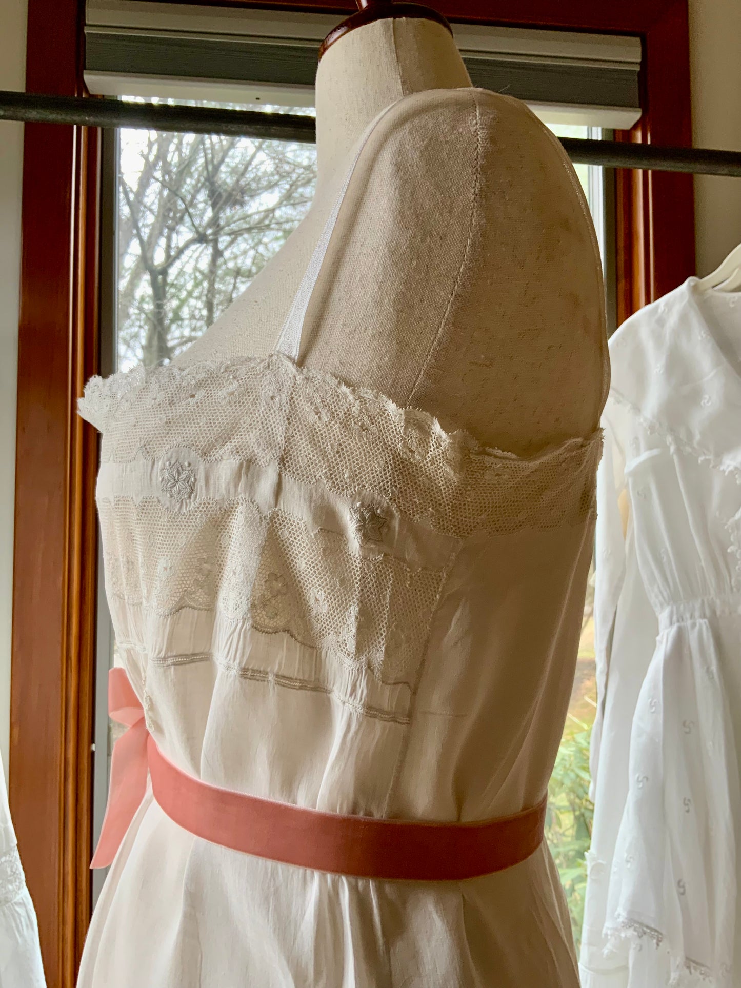 Antique 1910s Cotton Batiste Lingerie Dress with Lace Insertion & Hand Embroidery-ED74