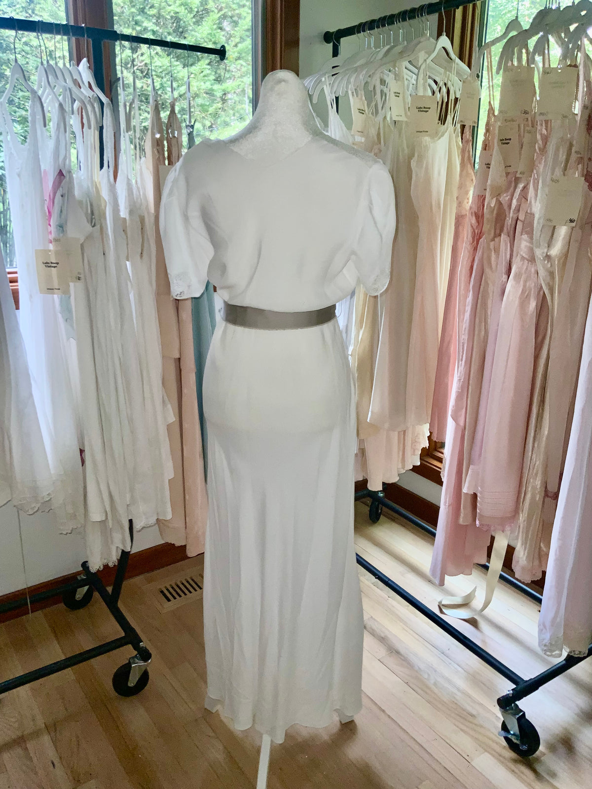 Circa 1930s–1940s White Satin Nightgown with Floral Lace and Ribbon Sash.